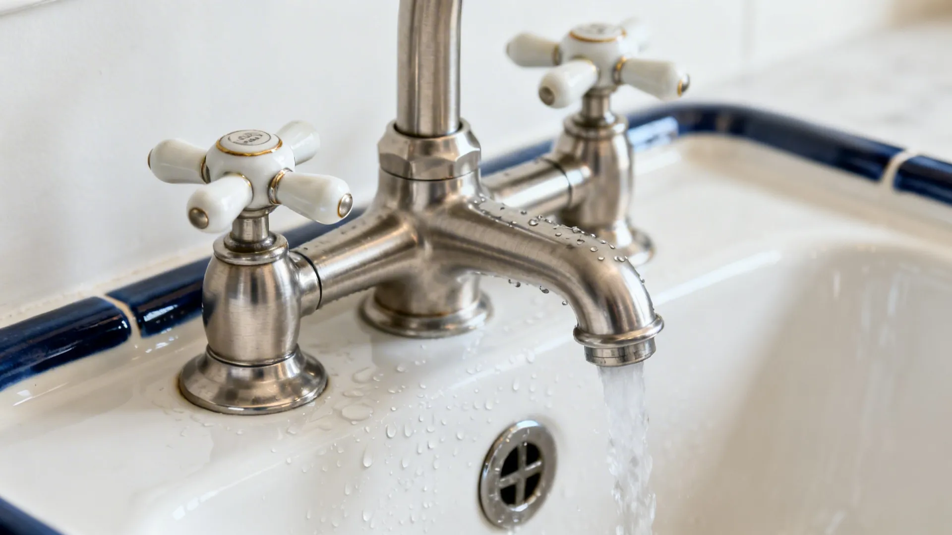 Macro of a brushed nickel bridge tap with ceramic levers over a white Belfast sink.