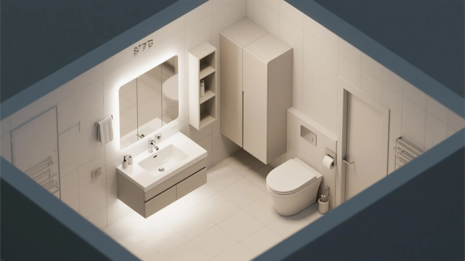 Top-down layout showing vanity, toilet, slim tower, and bridge placement for clear circulation.