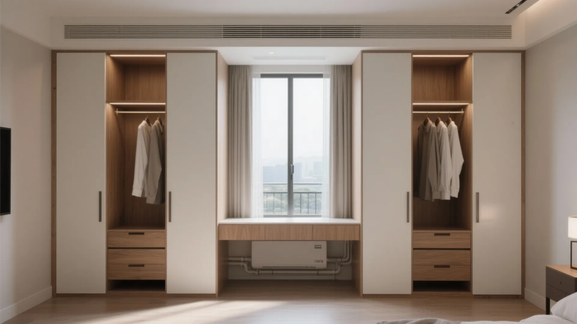 Modern wood and white built-in bedroom wardrobe with a window desk and clothes hanging inside
