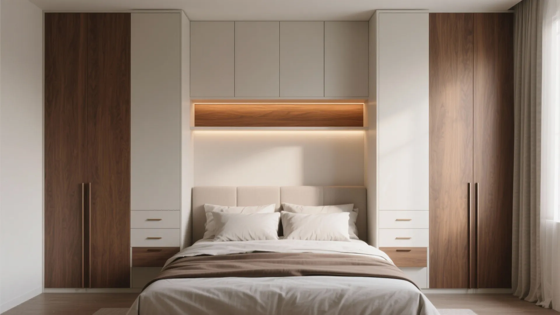 Built in bedroom cabinet and wall light above bed with white and wood finish panels