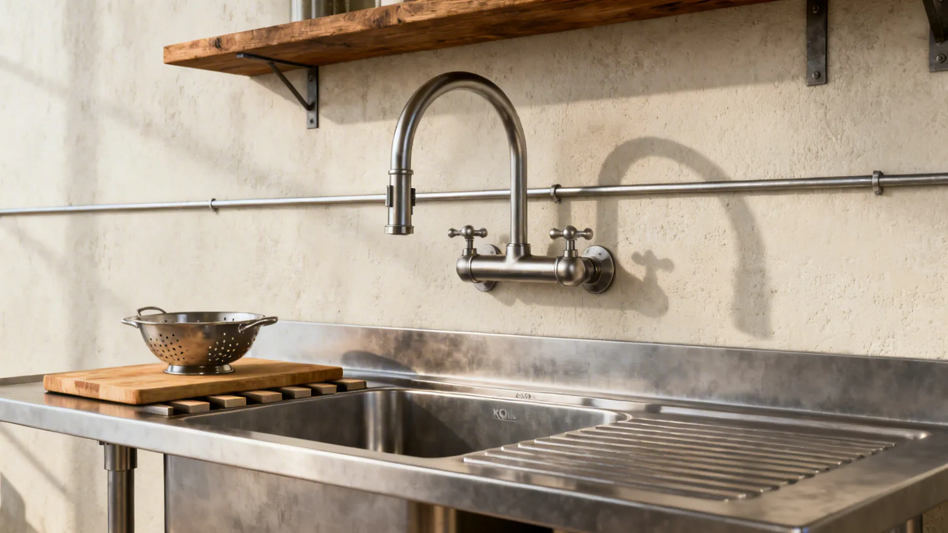 Bridge-style wall-mount faucet above a stainless workstation sink with prep ledges.
