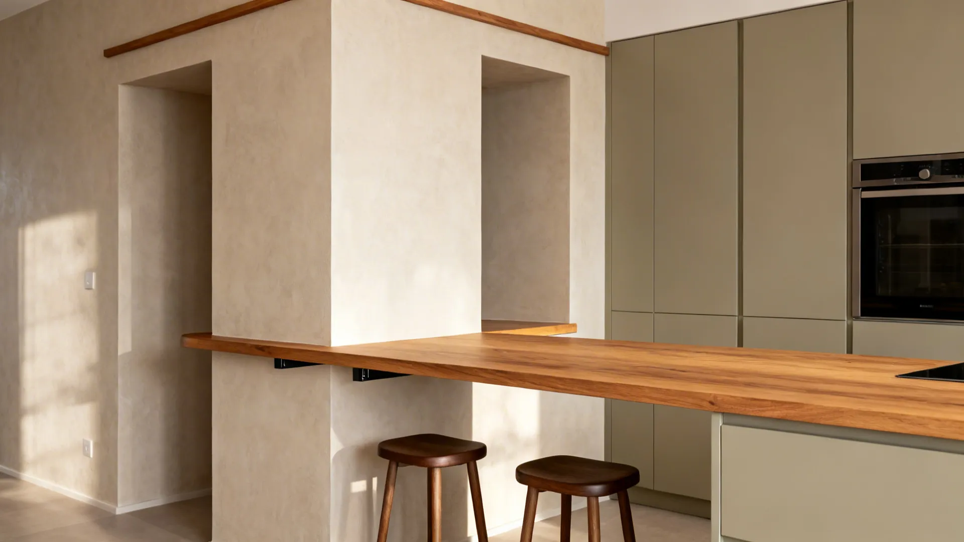 Slim oak breakfast bar bridges a chimney breast with concealed brackets and tucked stools.