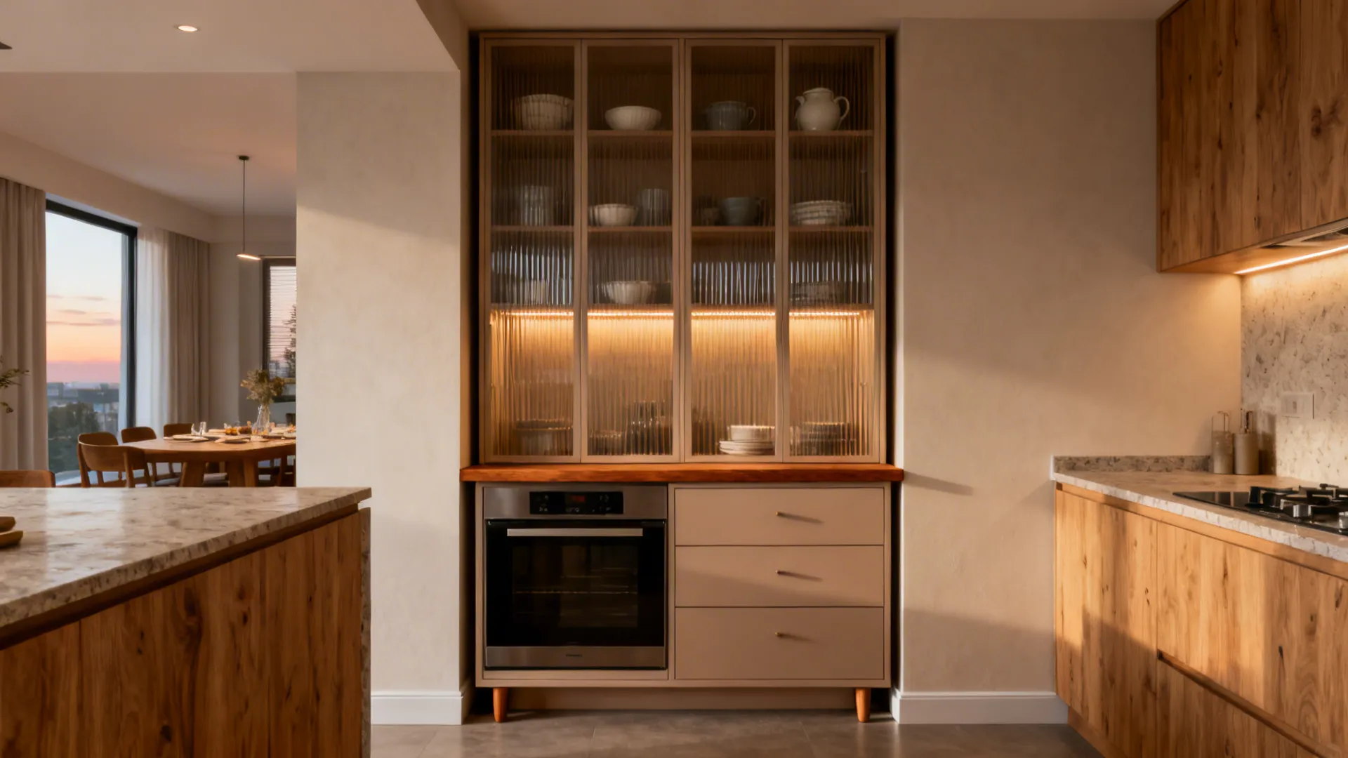 3) Full-Height Glazed Pantry-Hutch Bridging Kitchen and Dining
