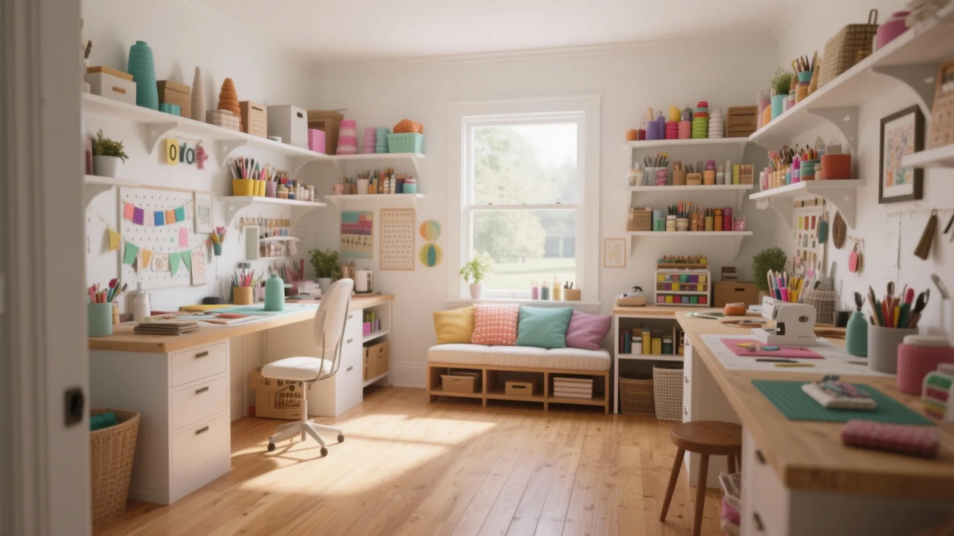 Bright craft room with white desks wooden floors colorful storage shelves and a large window