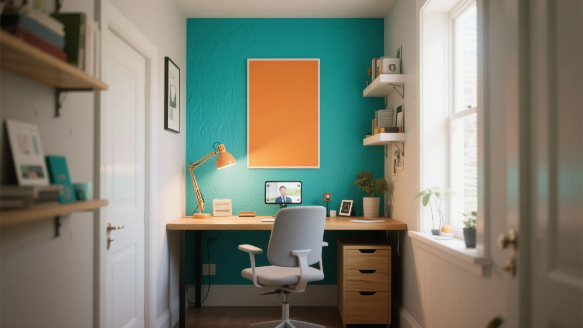 Small home office with turquoise wall, orange frame, wooden desk, white chair, and table lamp