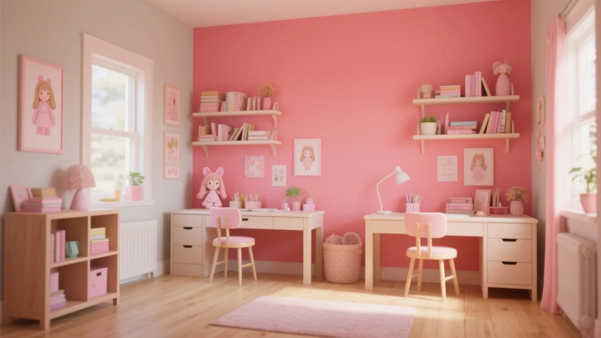 Two white desks against a bright pink wall with wall shelves and light wood floors