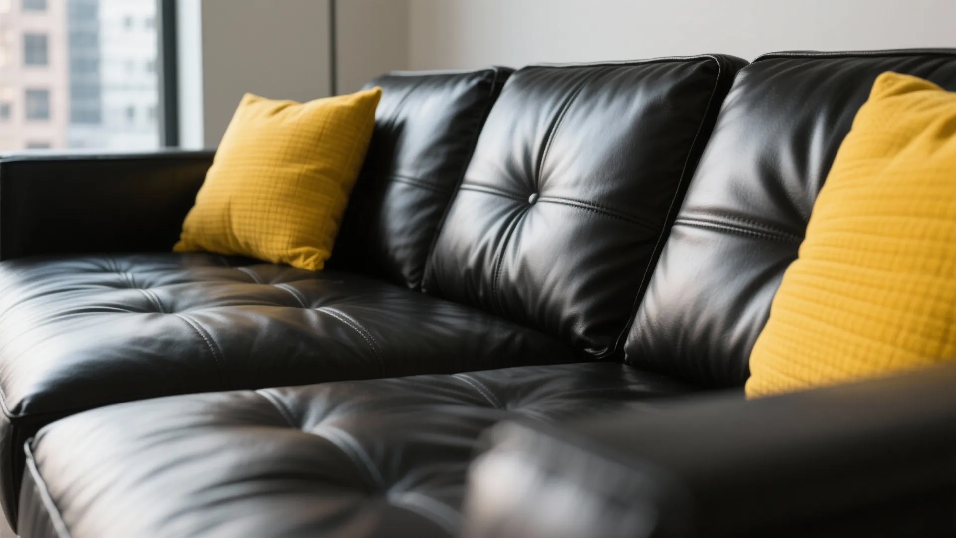 Mustard cushion on black leather loveseat close-up