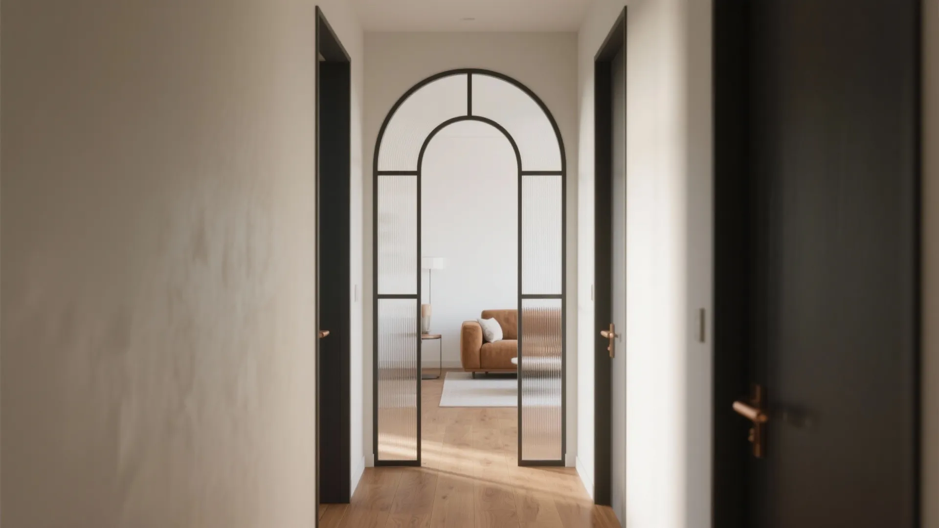 Bright hallway with black glass arch door leading to living room with sofa and wood floors