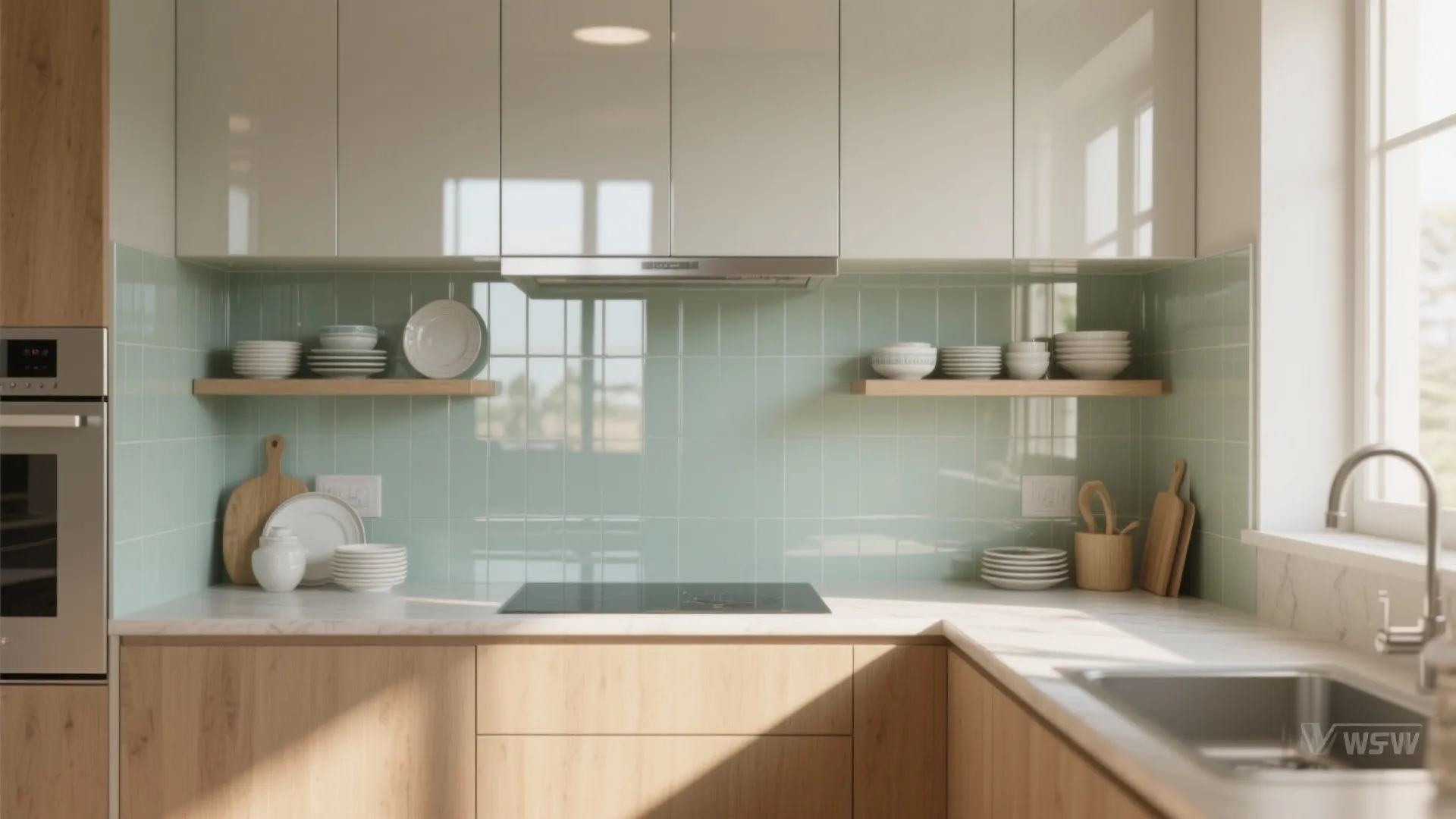Compact kitchen with a mirrored backsplash, glossy cabinetry and styled open shelving reflecting natural light.