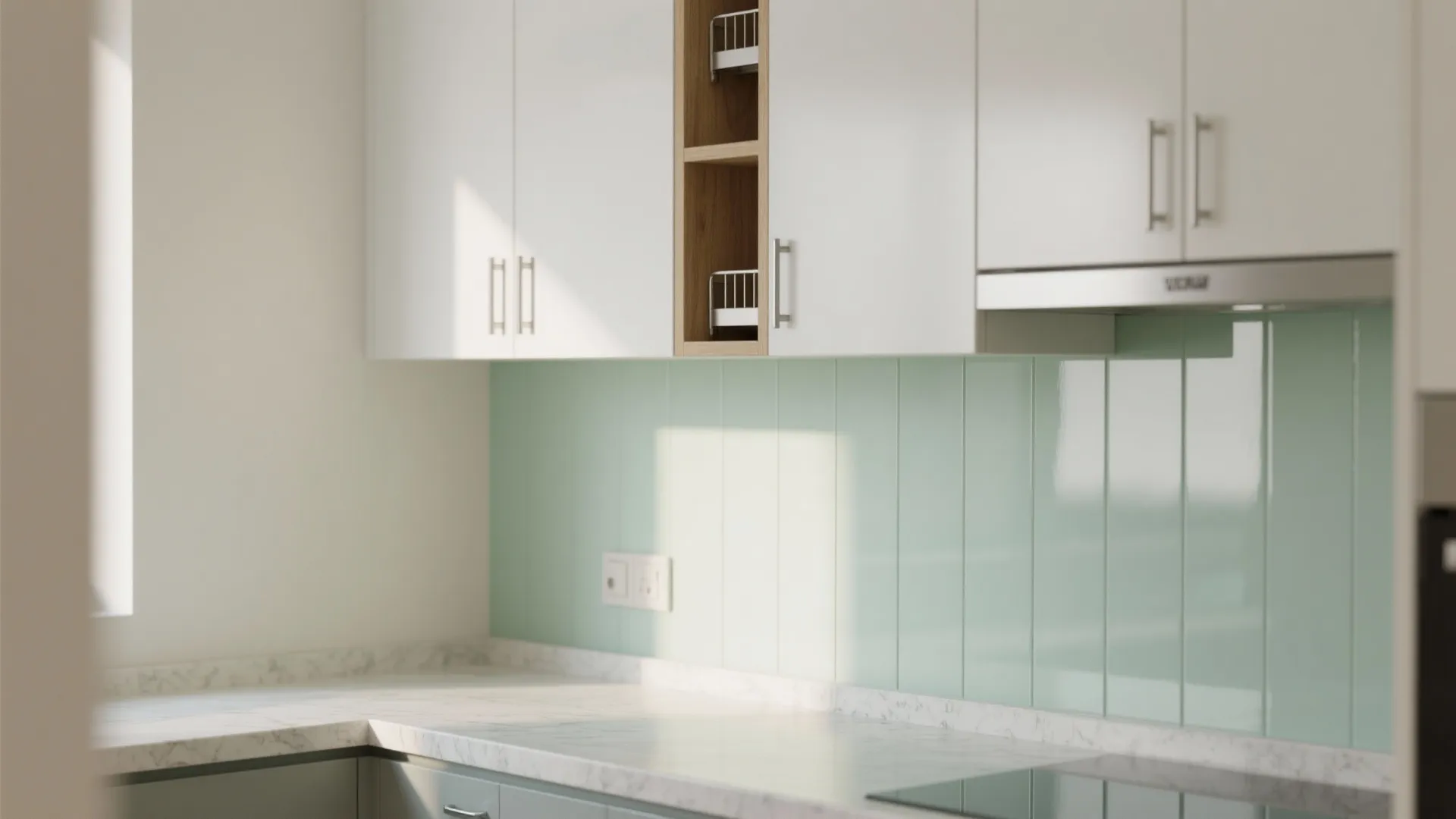 Minimalist kitchen storage with a bright backsplash