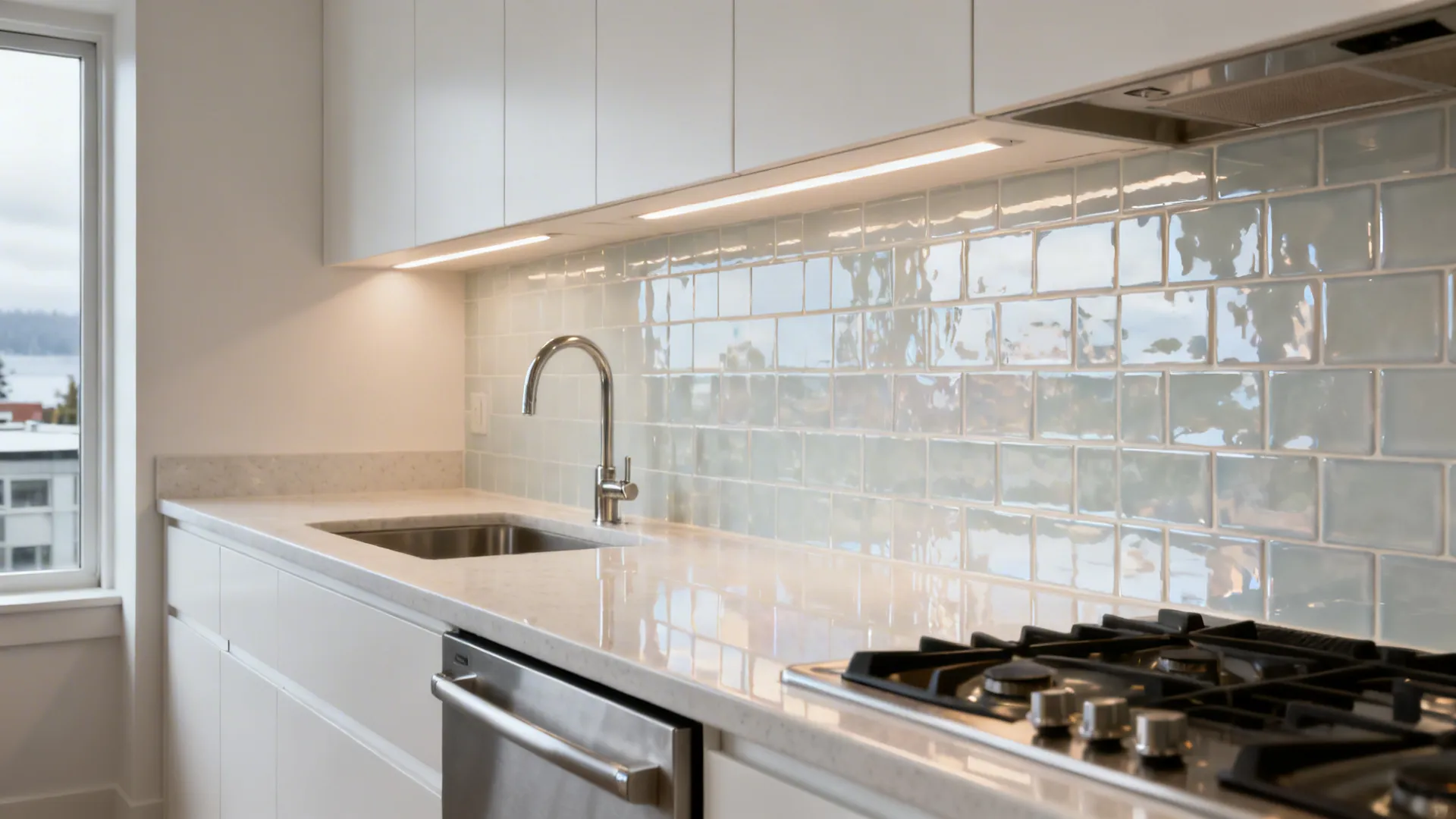 Compact kitchen with glossy light tile backsplash and pale quartz counters reflecting soft light.