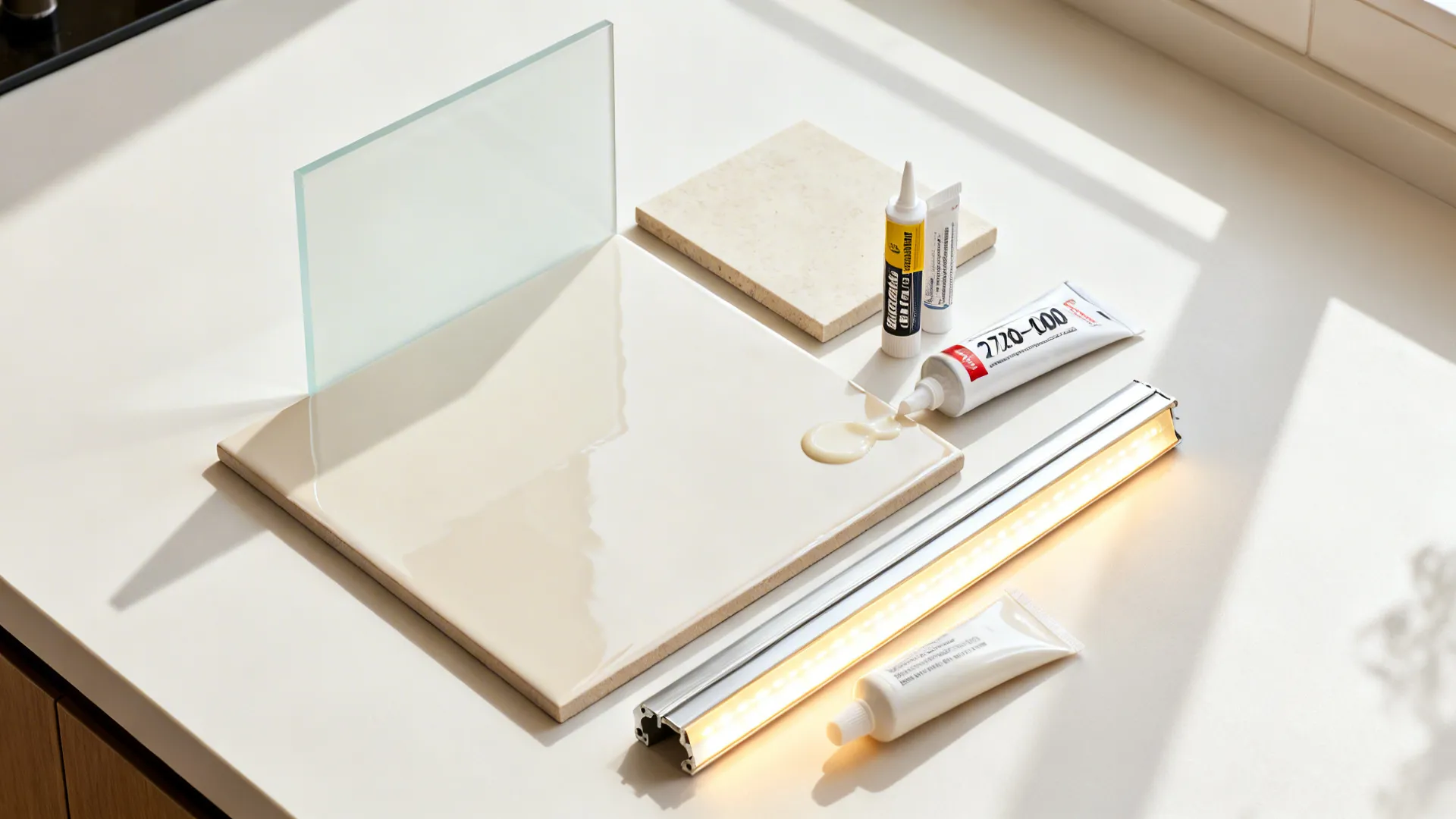 Flat lay of pale glass, glossy tile, porcelain, warm LED strip, and trims for a bright backsplash.