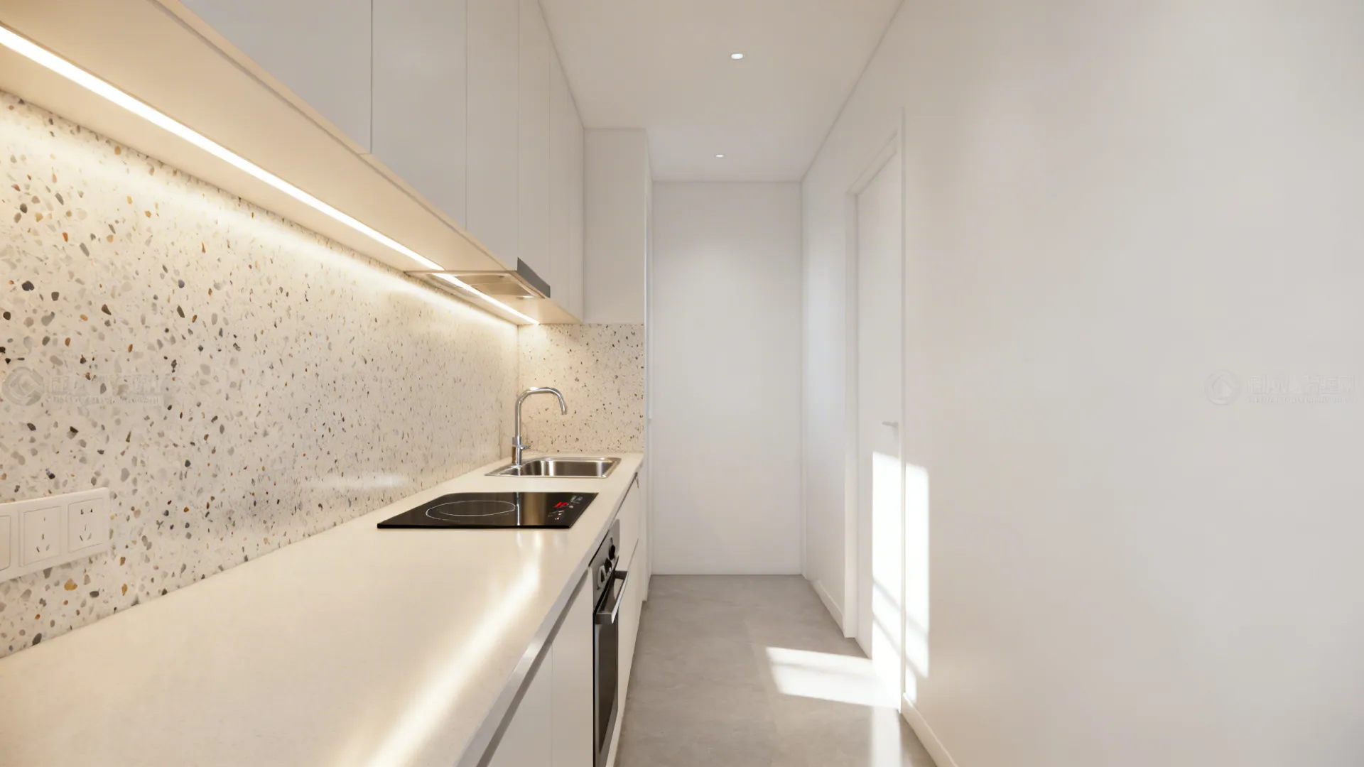 Bright narrow kitchen with white cabinets stone backsplash light strip under cabinets and white floor
