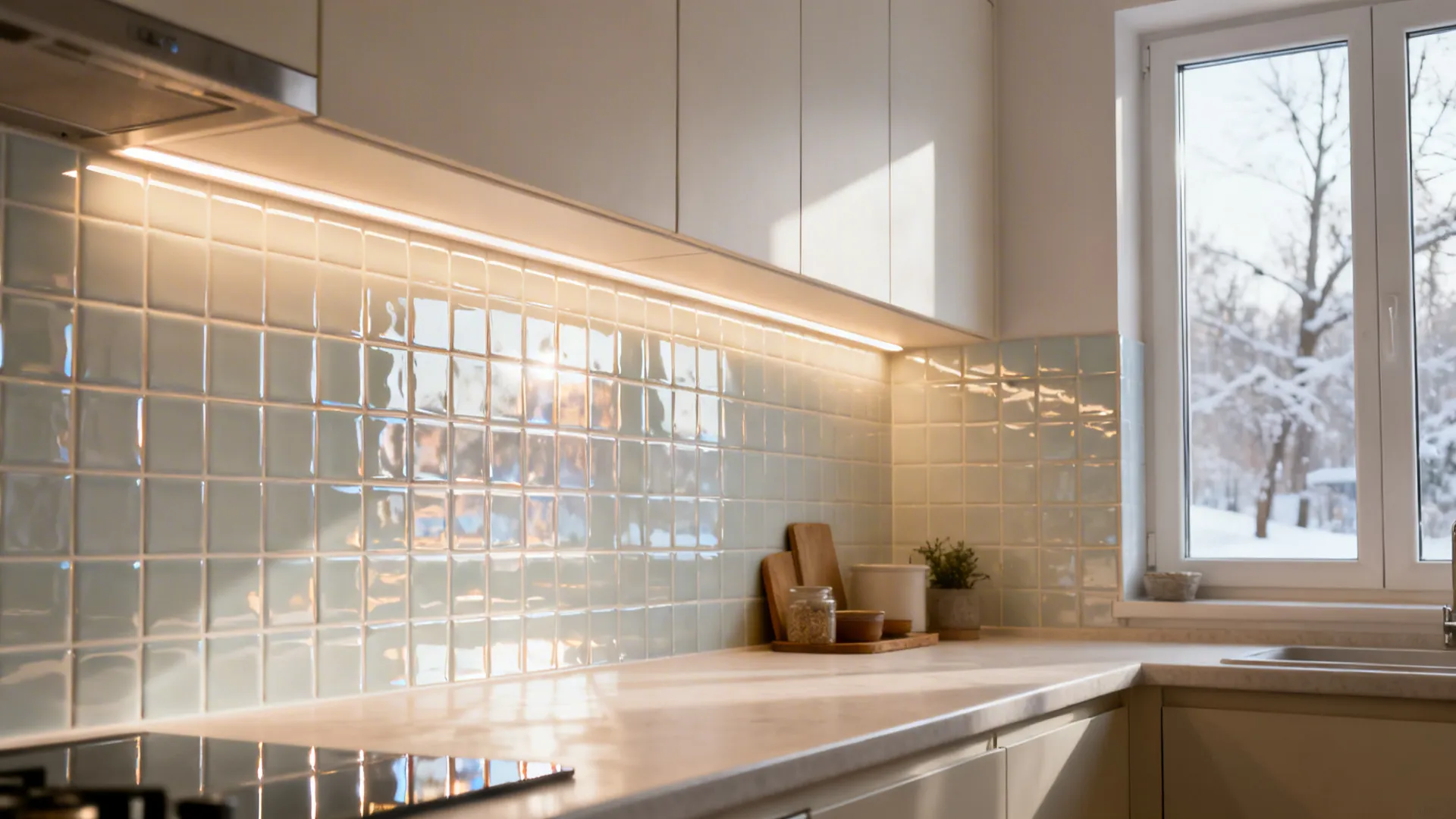 Glossy light tile backsplash reflecting soft daylight in a compact kitchen