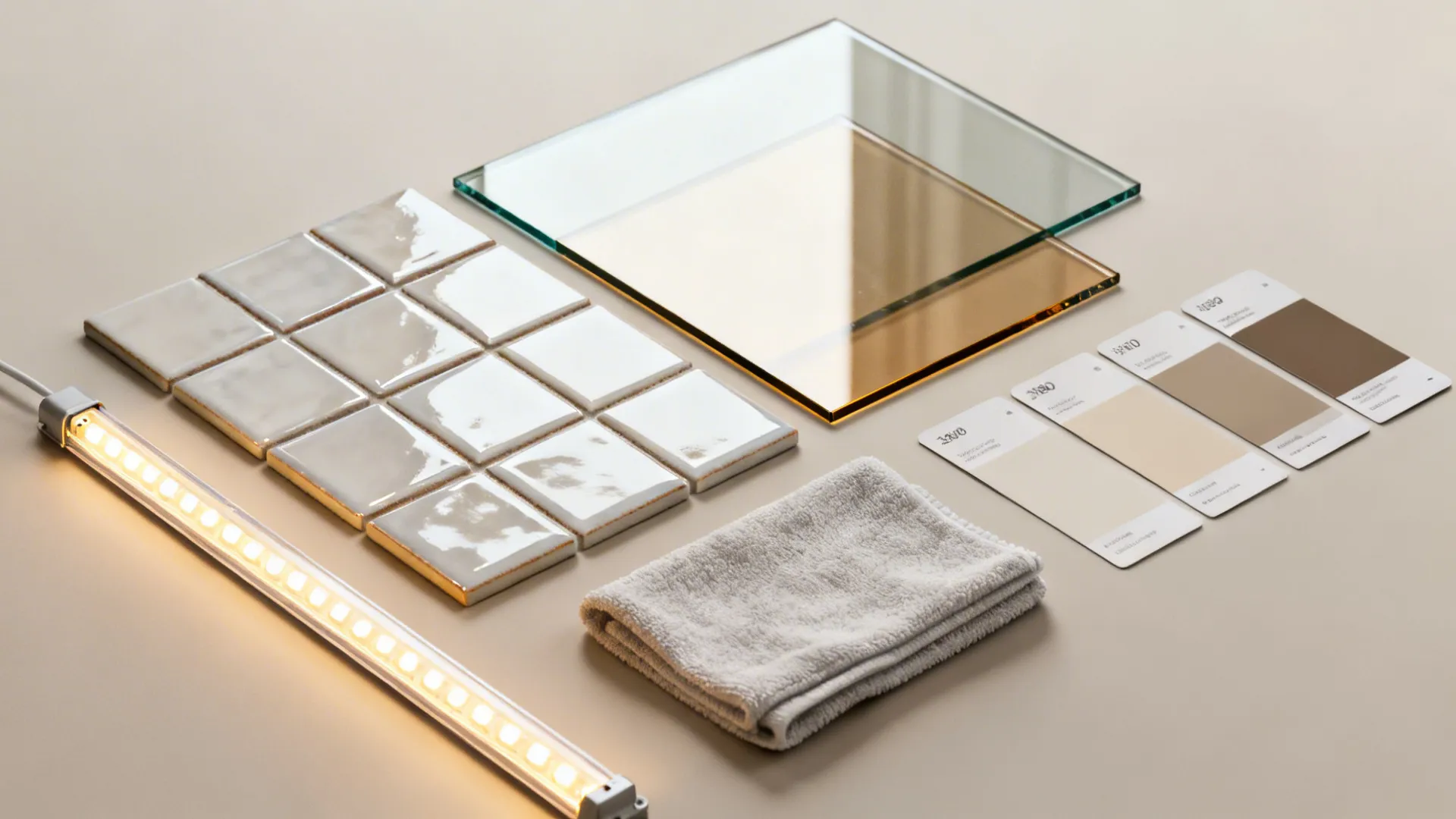 Top-down materials: glossy tile, back-painted glass, warm LED strip, and neutral paint chips.