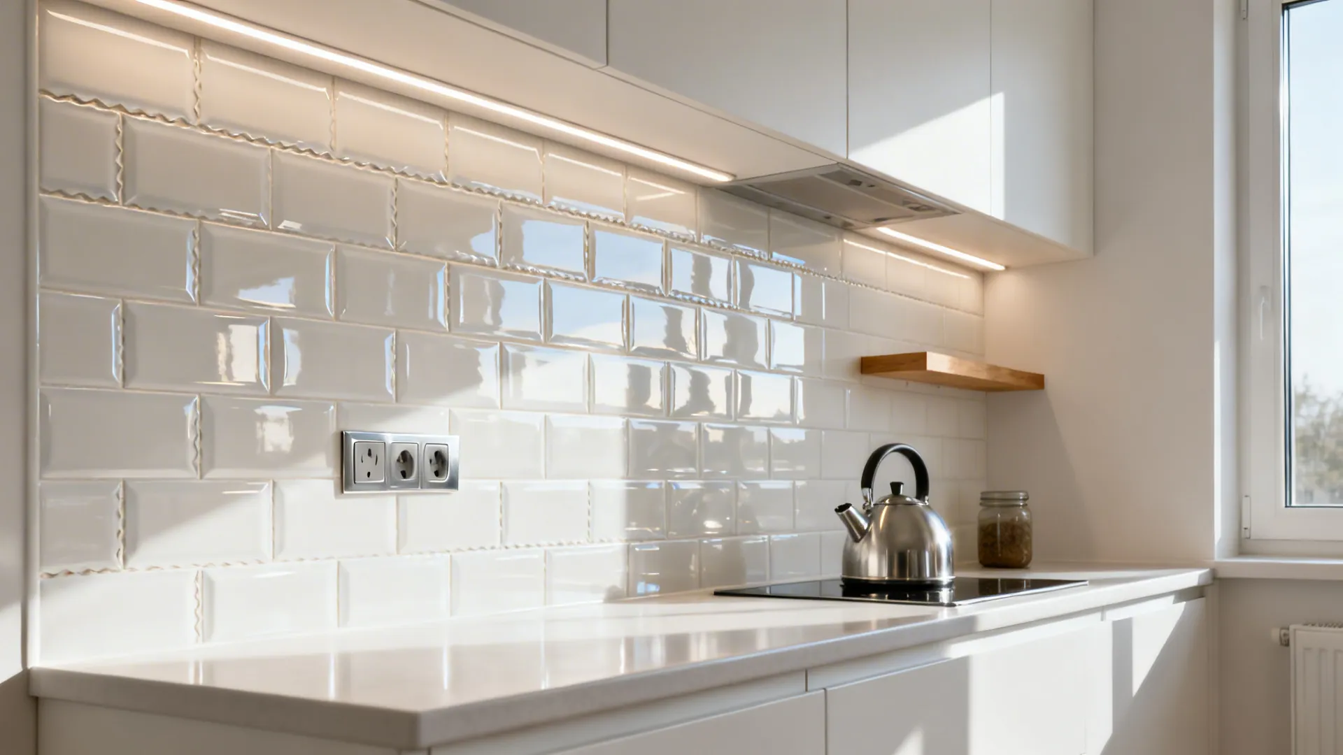 Glossy off-white tiled backsplash with warm LED strips reflecting daylight in a small kitchen.