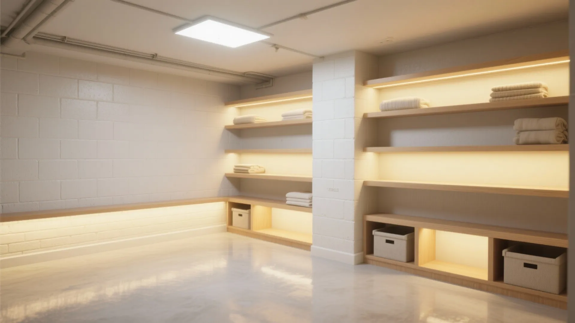 Bright basement with light warm neutral walls, satin sheen, and organized storage to reflect more light.
