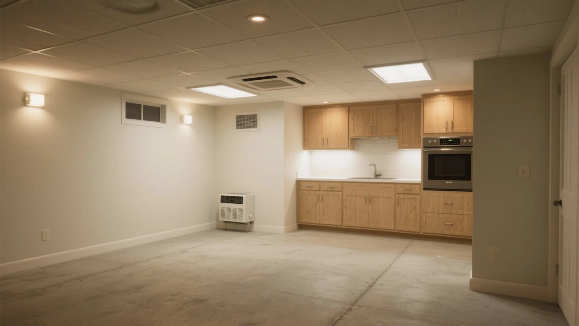 Finished basement interior design drawing with light wooden kitchen cabinets white walls and concrete floor