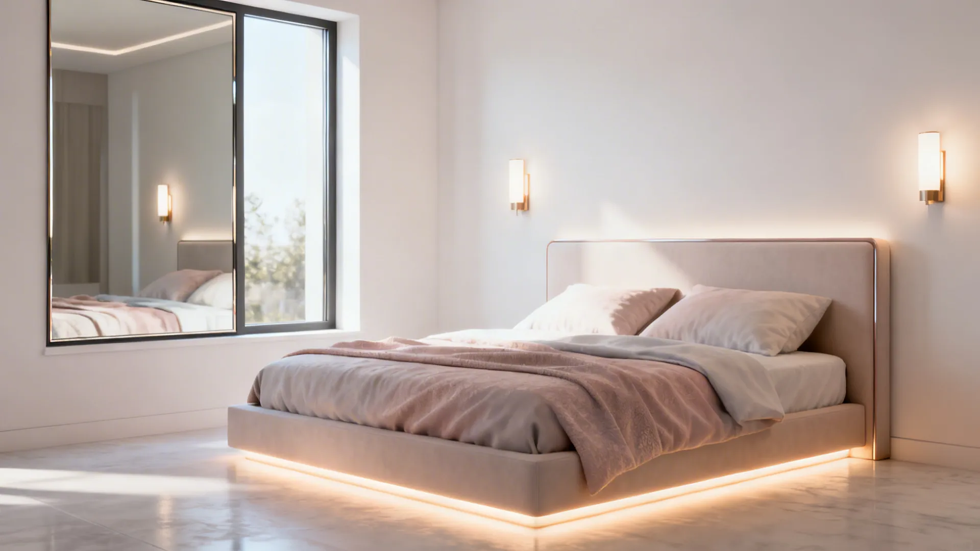Bright small bedroom with layered lighting and a large mirror that visually expands the space