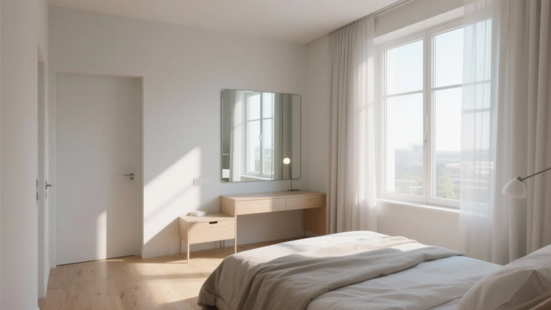 Wide-angle view of a small bedroom with a mirror opposite a window, sheer curtains, and light-filled airy layout.