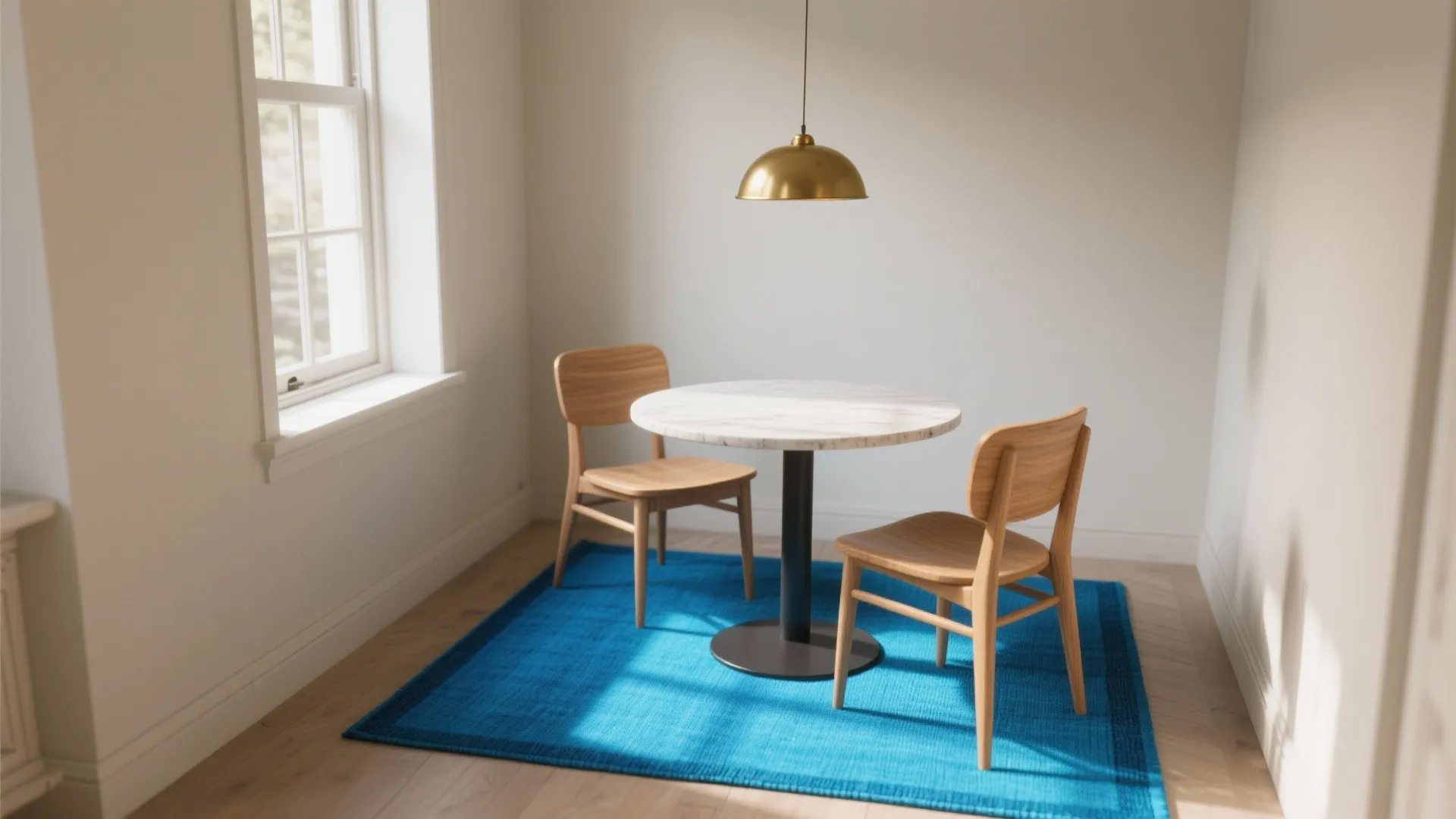 Minimalist dining area with small marble table two wooden chairs blue rug and gold light