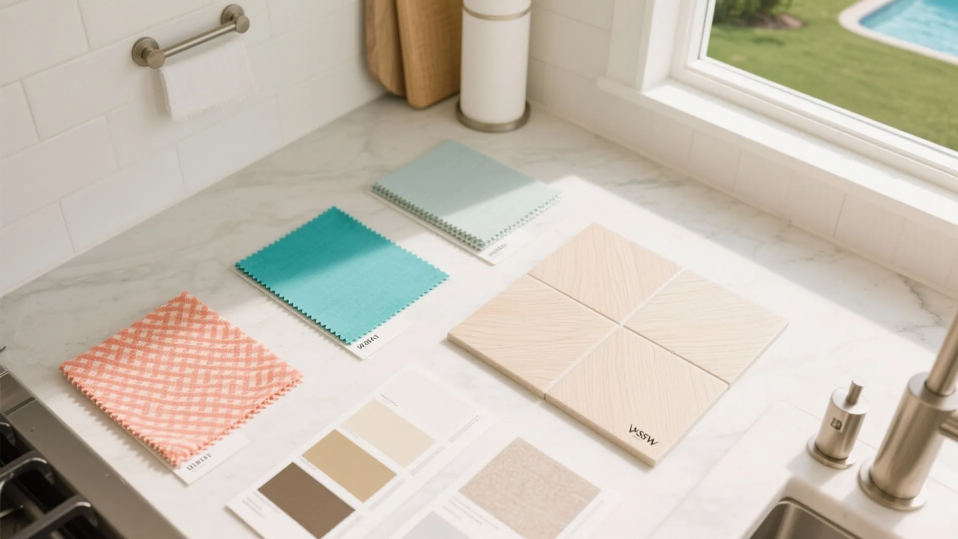Interior design materials on white kitchen counter including wood tiles fabric swatches and color palette
