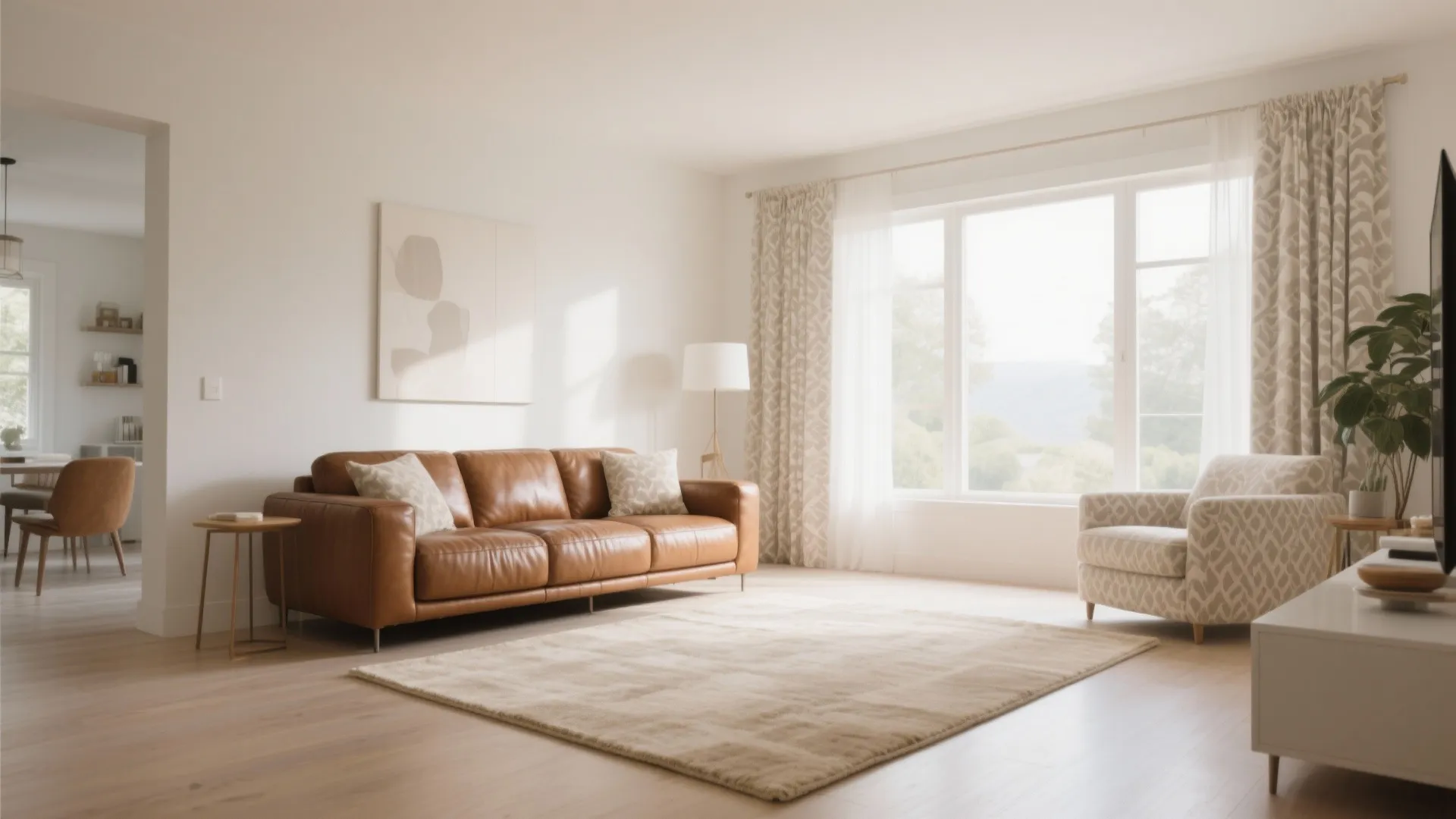 Brown leather couch on a large neutral beige rug in a bright living room