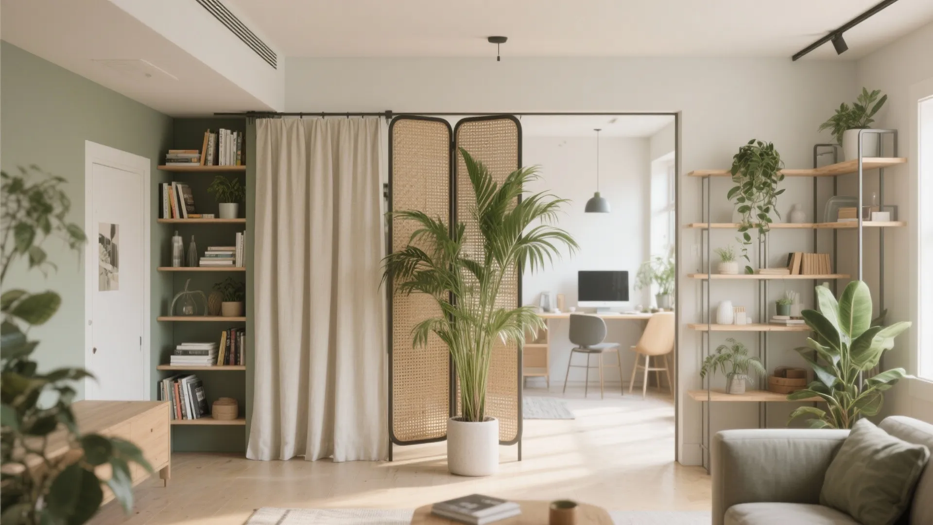 Modern interior space with beige curtain and room divider separating office area from living room