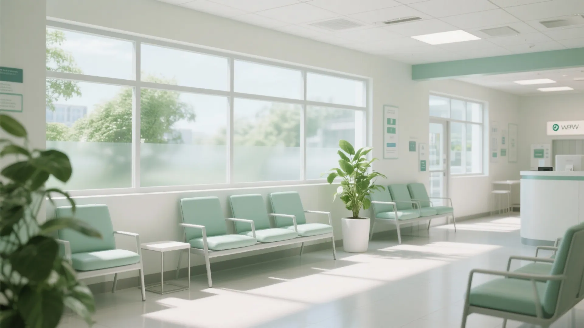 Bright clinic waiting area with light green chairs large windows green plants and a white desk