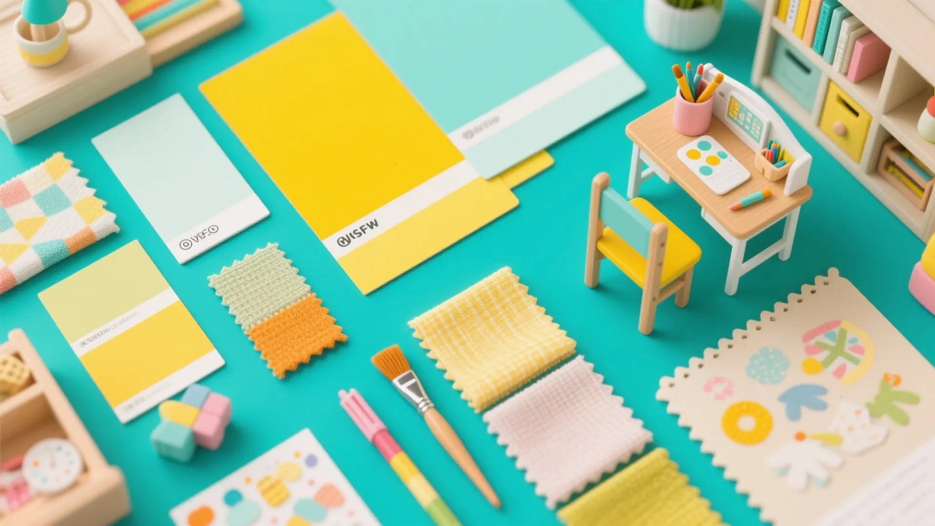 Yellow and blue color cards with fabric samples and a small wooden model desk set