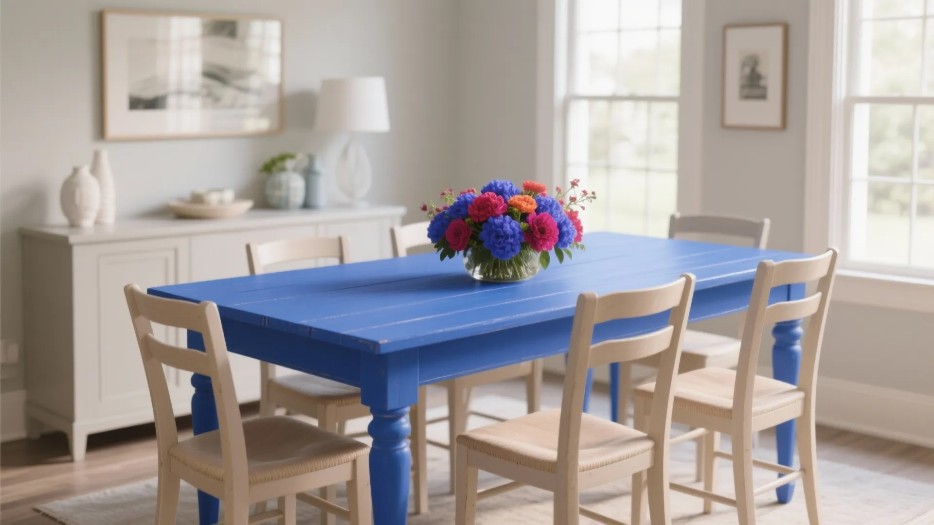Cobalt blue dining table as vibrant focal point in room