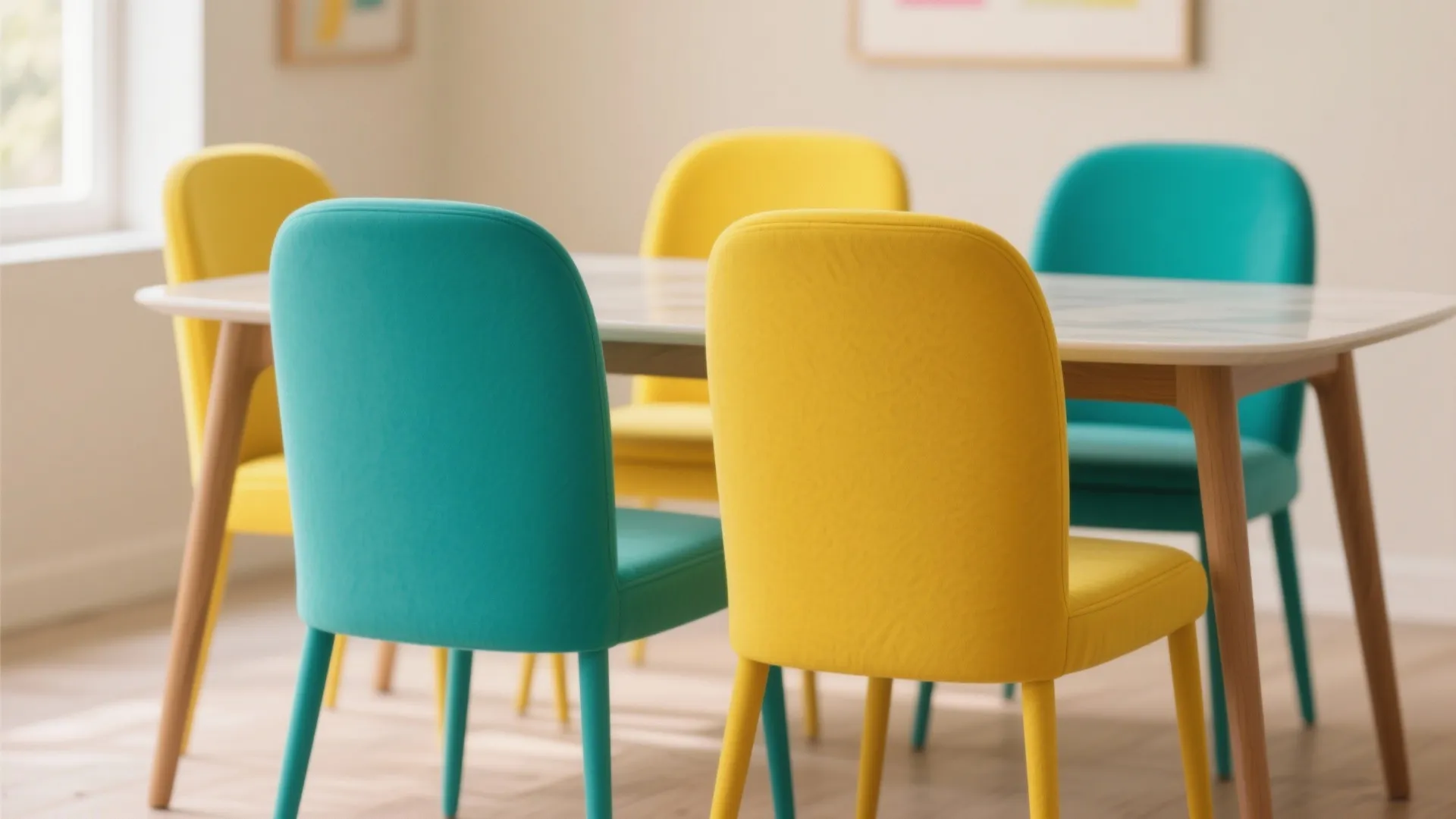 Modern dining room featuring colorful yellow and teal upholstered chairs around a white marble table