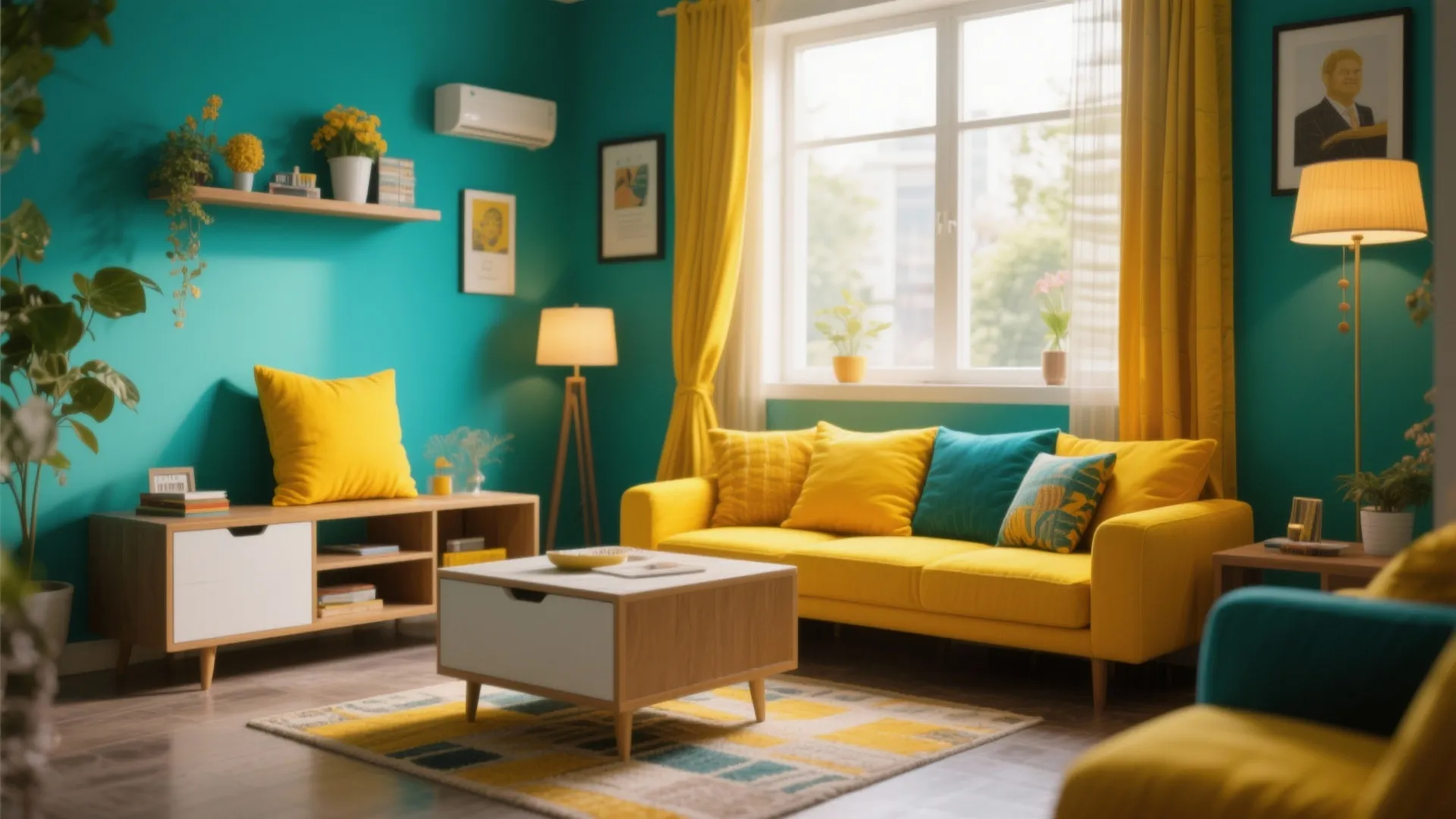 Bright living room with teal walls yellow sofa wooden coffee table floor lamp and natural light