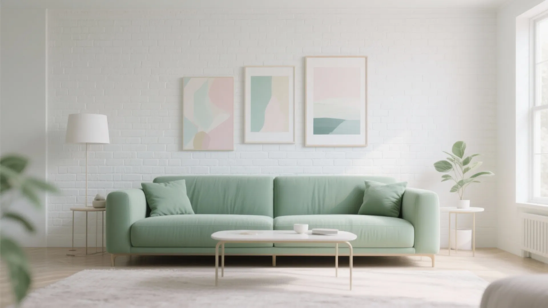 Light green sofa in white brick wall living room with three framed wall art pieces