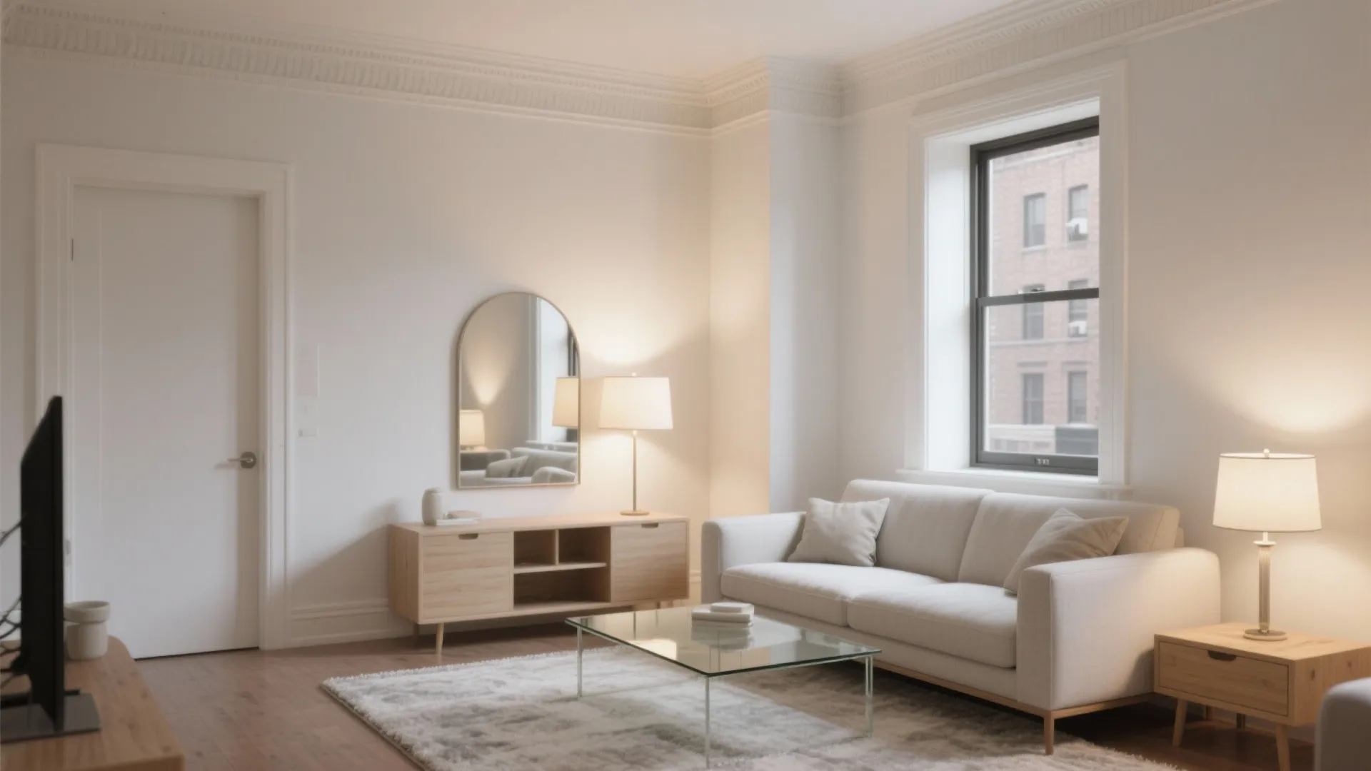 Bright living room with white sofa glass coffee table wooden cabinet mirror and soft lighting