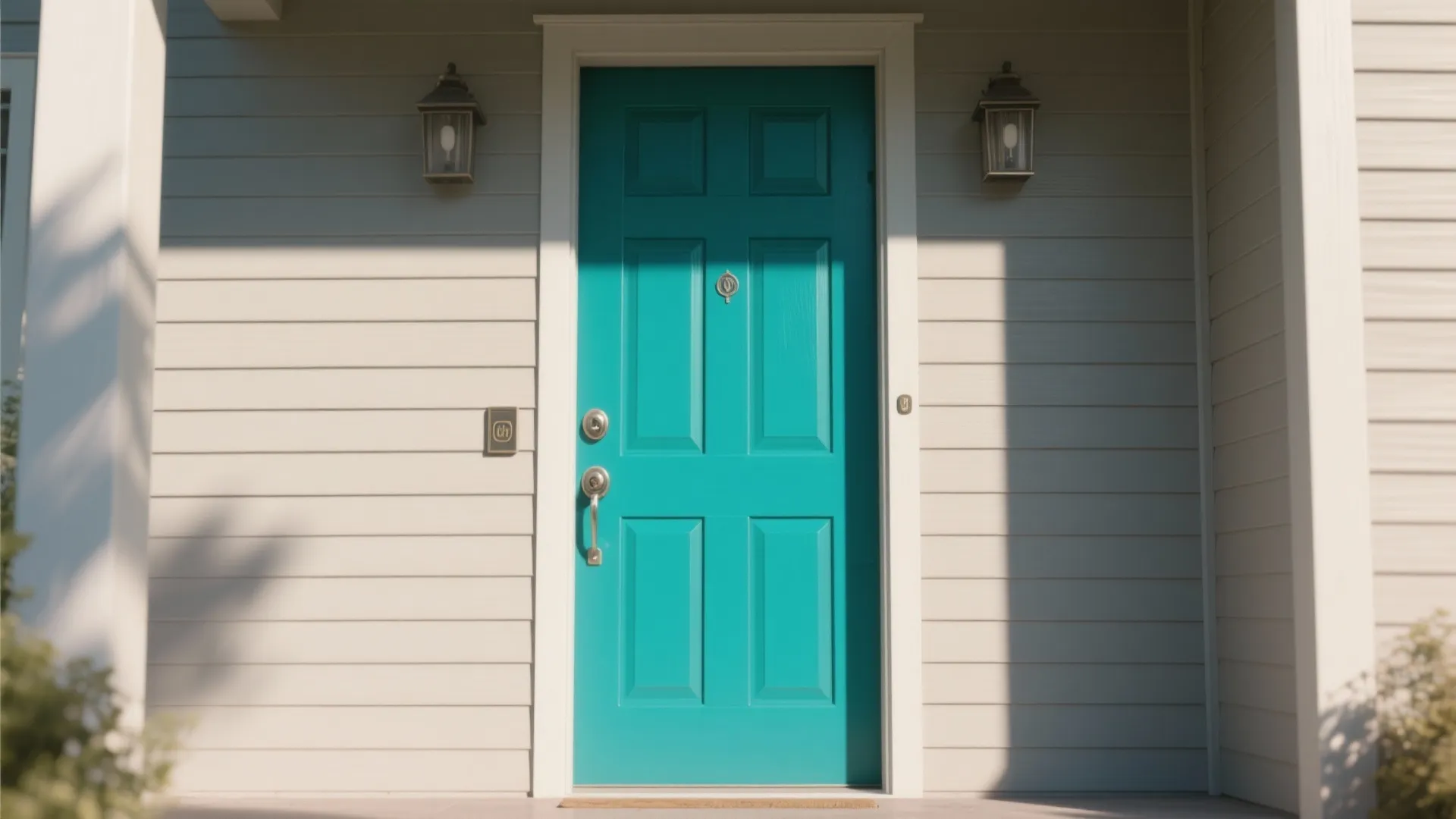 Bright blue wooden front door with silver handle and two wall lights on white siding wall