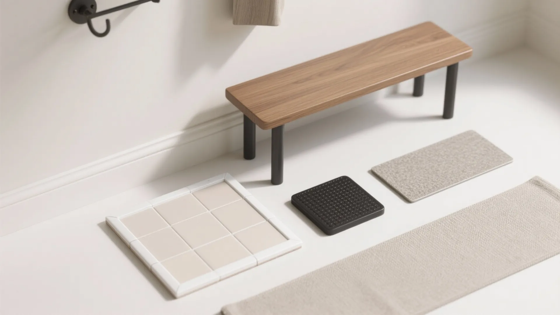 Flatlay of pale tile, semi-gloss trim, wood veneer and matte black hardware samples for a mini mudroom.
