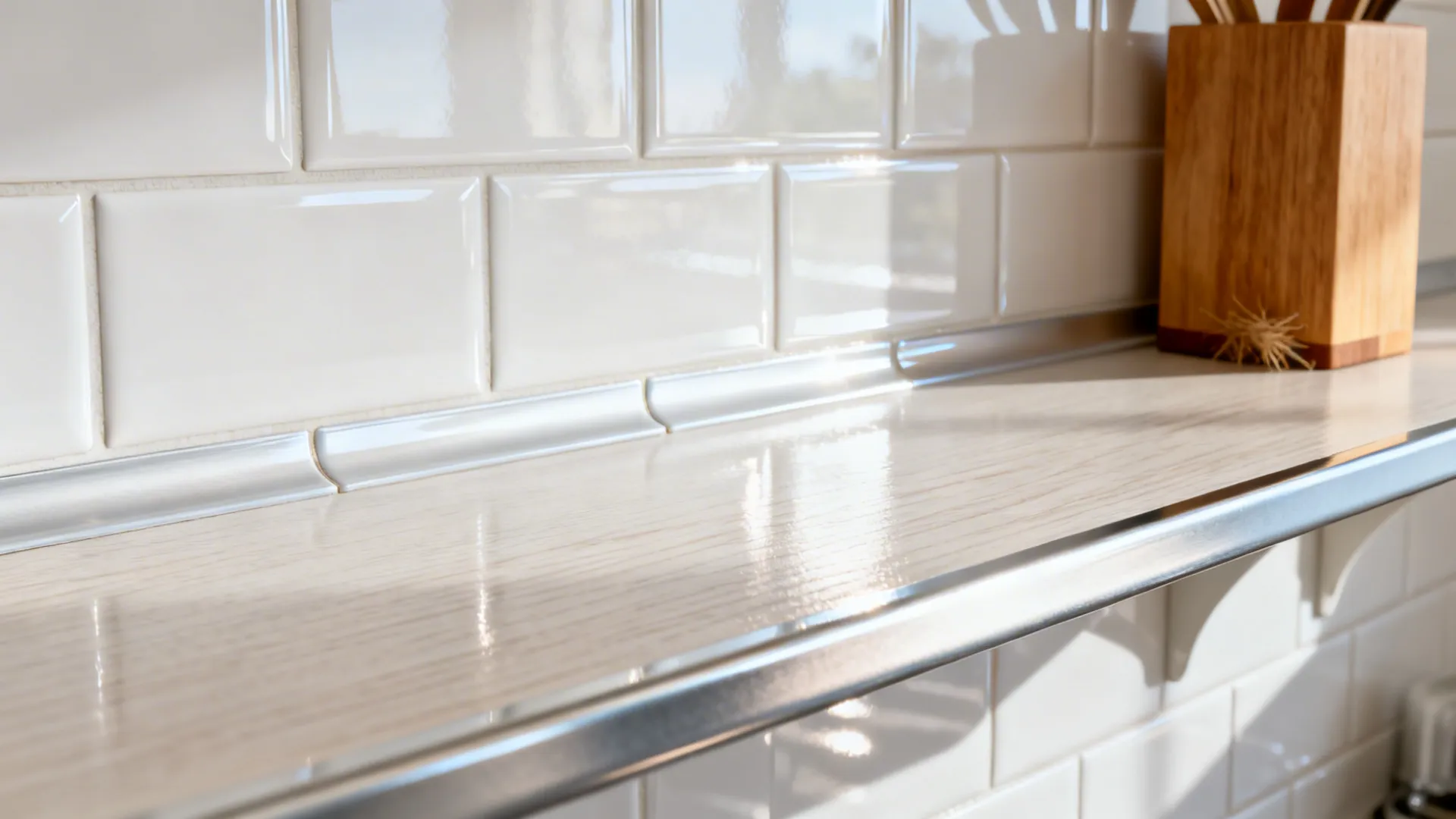 Macro of glossy white backsplash, light laminate counter, and enamel shelf with wood accent.