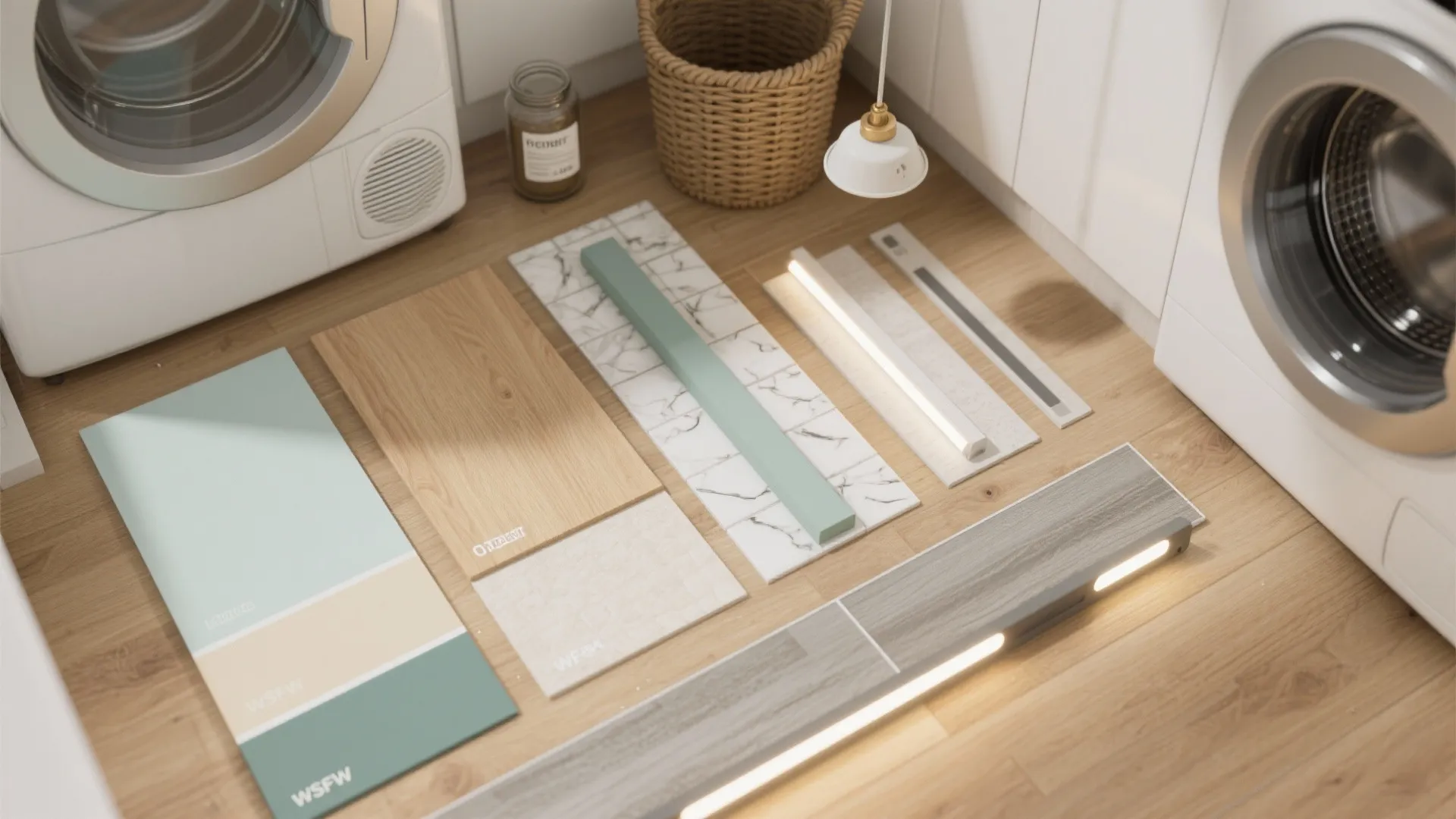 Interior design material samples including wood panel marble tile and paint colors on laundry room floor