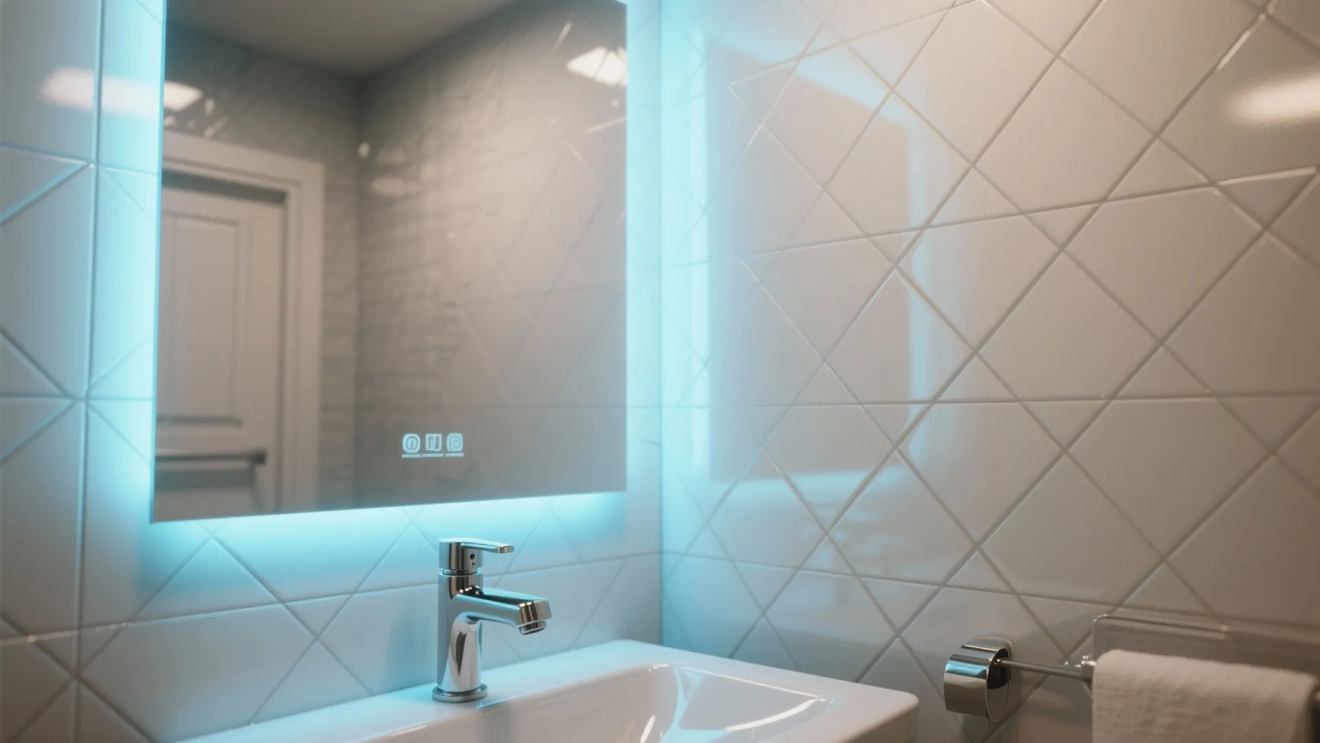 Large mirror, large-format tiles and satin chrome faucet details creating a bright, airy feel in a small bathroom.