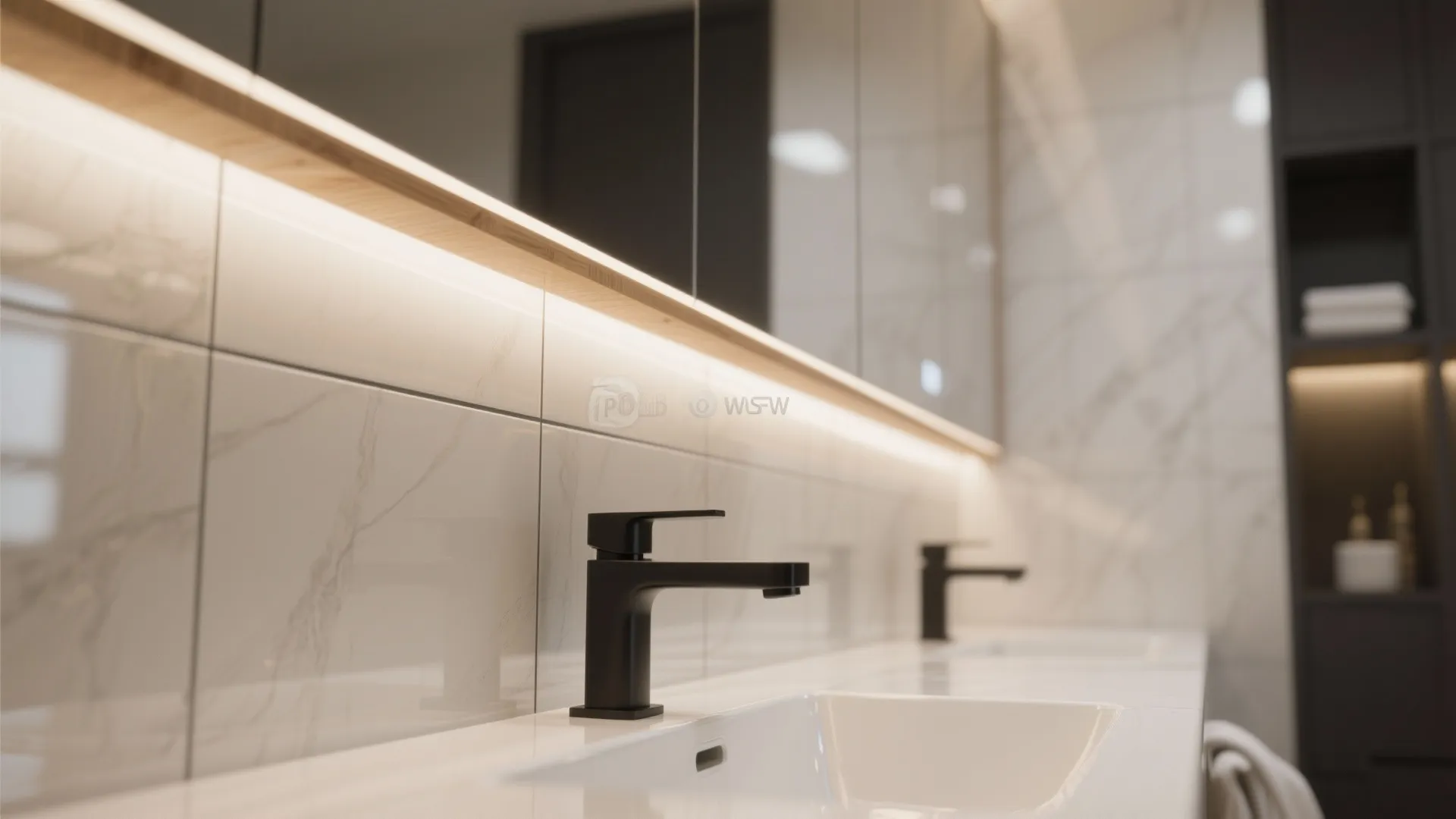 Close up of black faucet on white sink with marble wall tiles and light fixture
