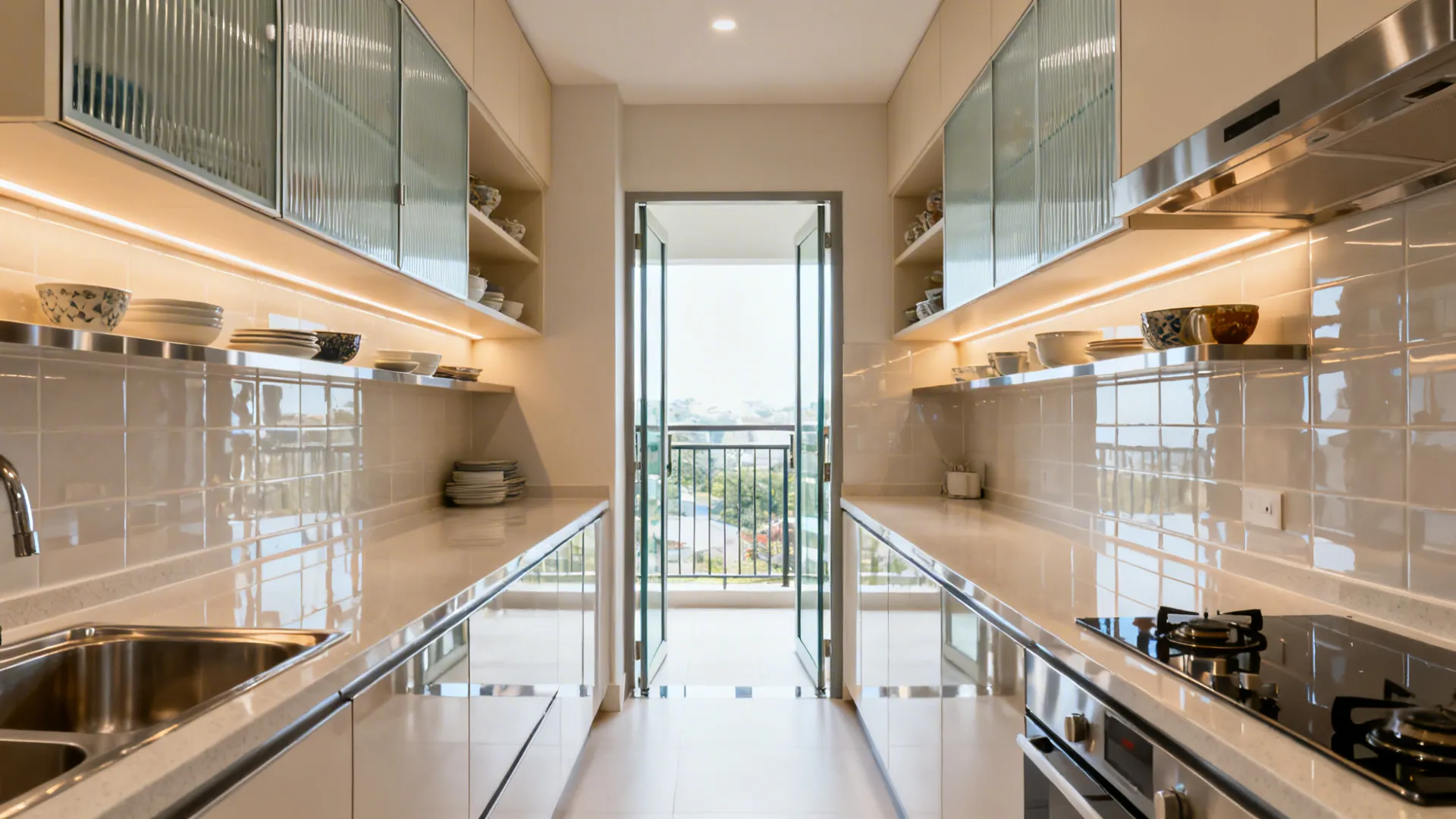 Galley kitchen with frosted glass uppers and glossy backsplash reflecting light.