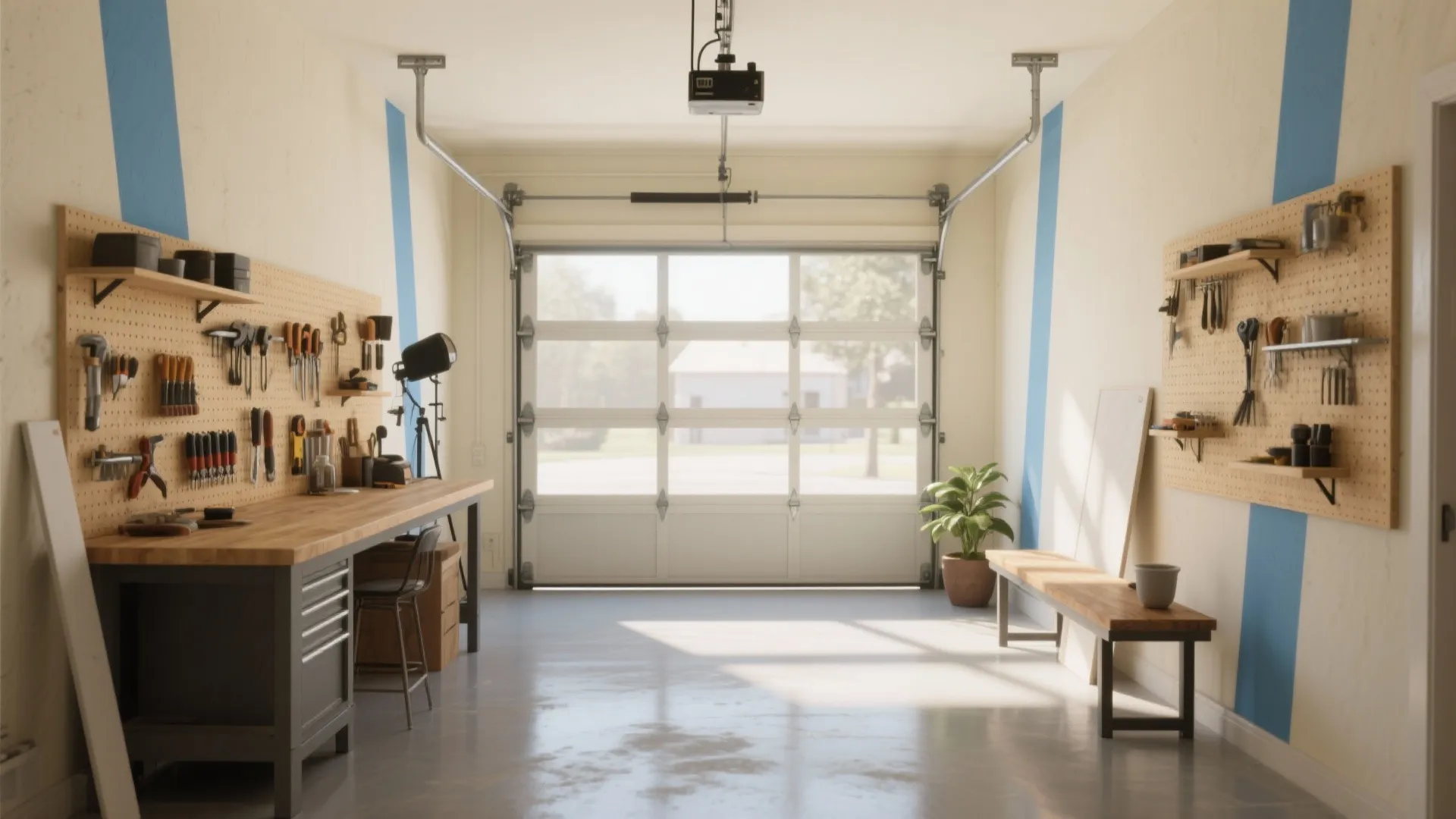 Bright garage workshop featuring wooden workbenches with tools on wall boards and a glass door