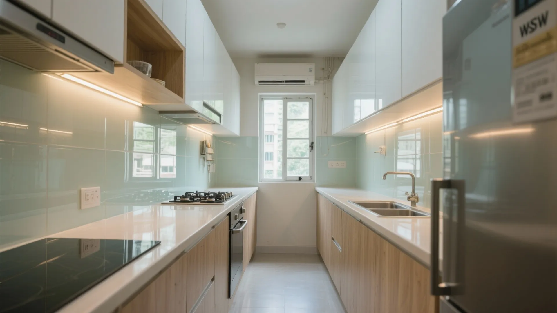 Narrow galley kitchen with reflective glass backsplash and warm LEDs enhancing brightness.