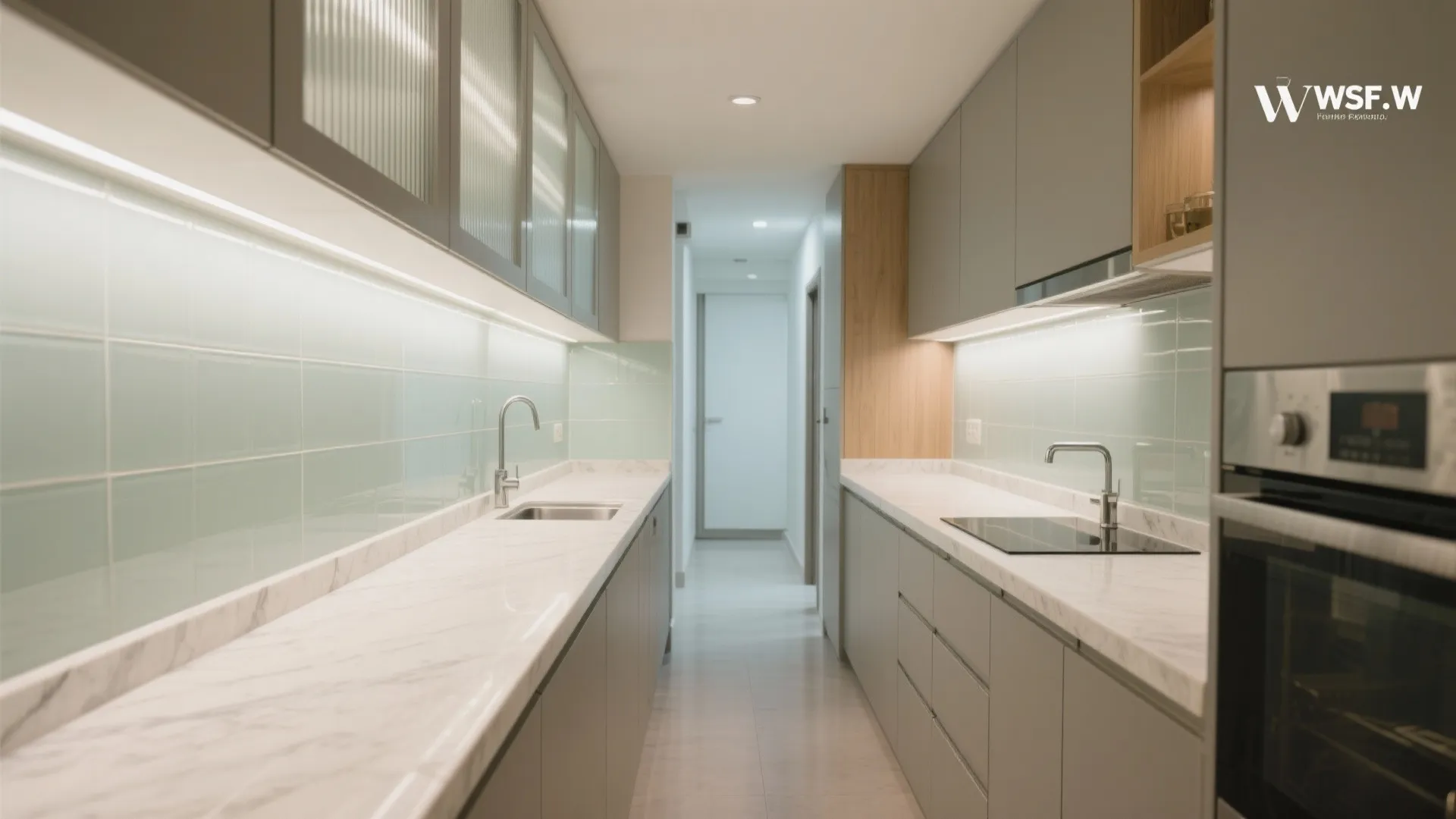 Glass backsplash and reflective finishes for a brighter kitchen