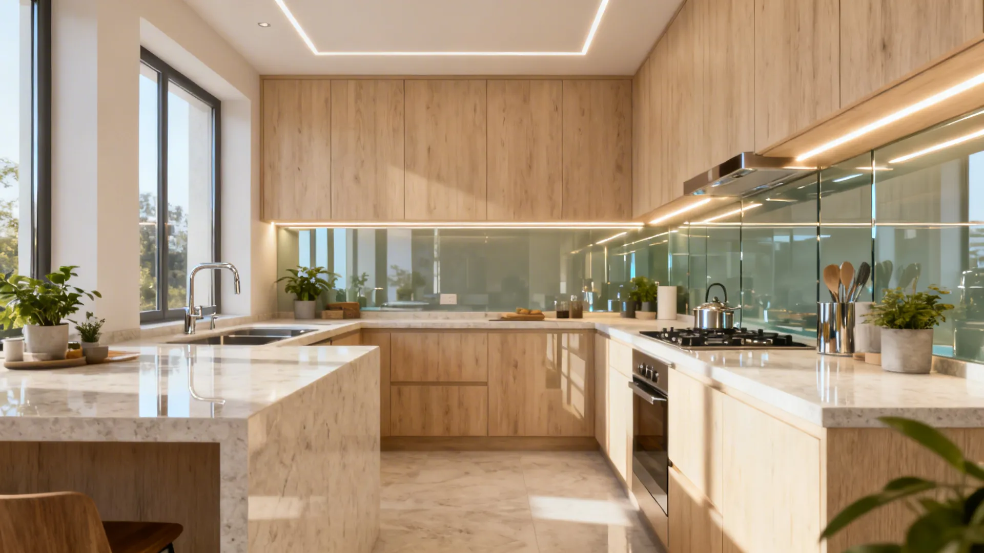 Airy compact kitchen with glass backsplash and layered lighting for a bright feel.