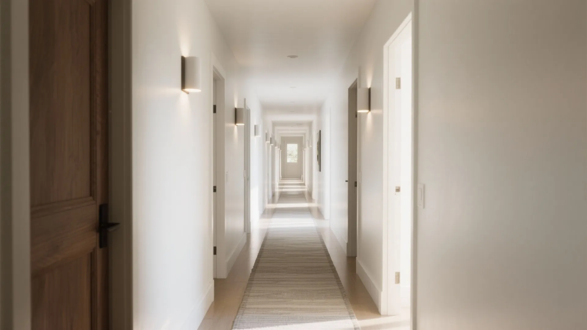 Long bright hallway with white walls wall light fixtures wooden doors and a long rug