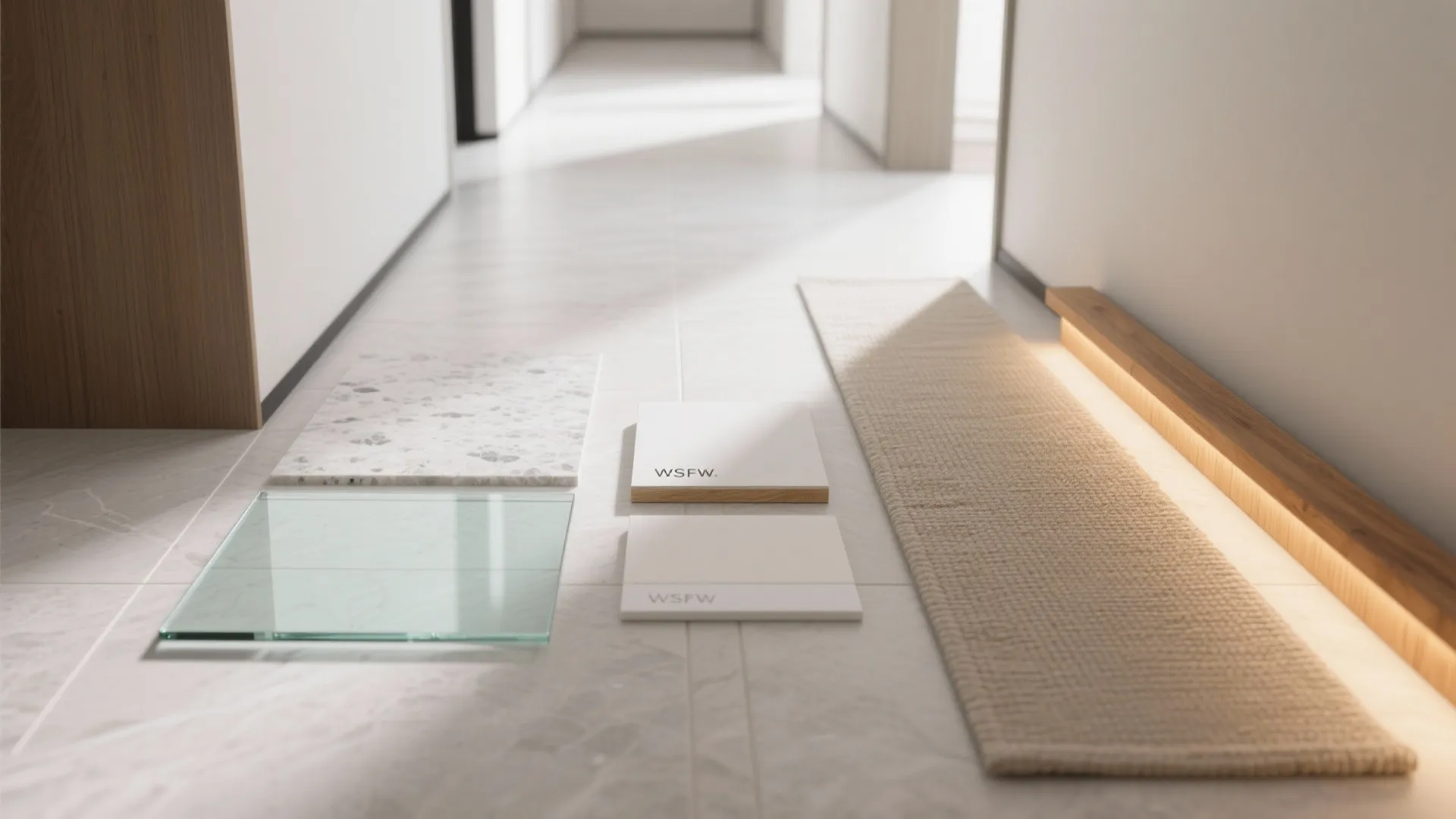 Samples of glass stone and wood tile on a light floor in a modern bright hallway