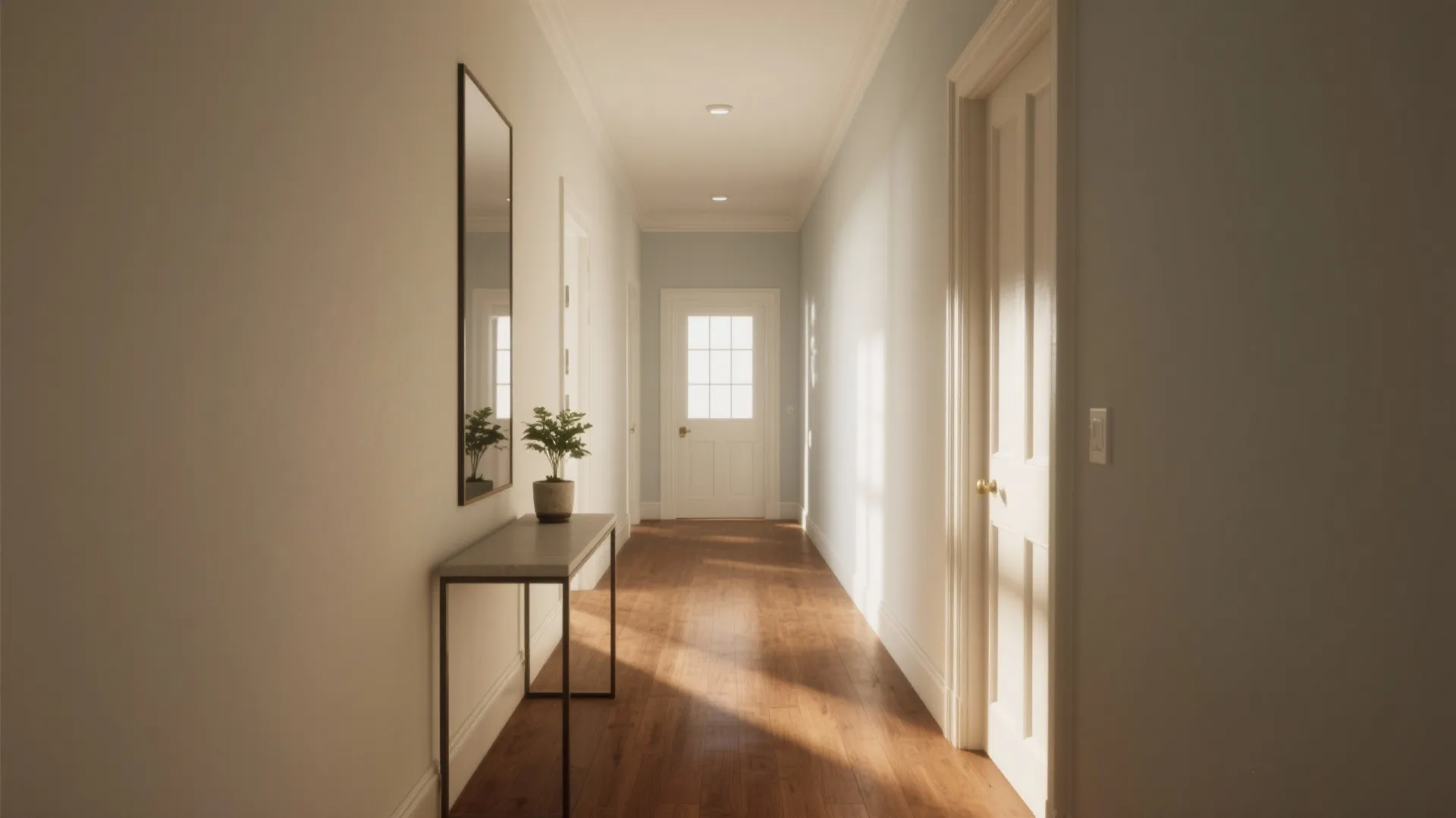 Bright white hallway with wooden floor a small table plant mirror and sunlight from windows