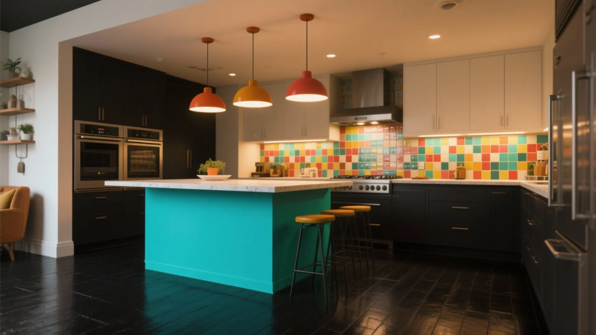 Kitchen featuring a bold teal island and pendant lights against matte black floors to create a bright focal point.